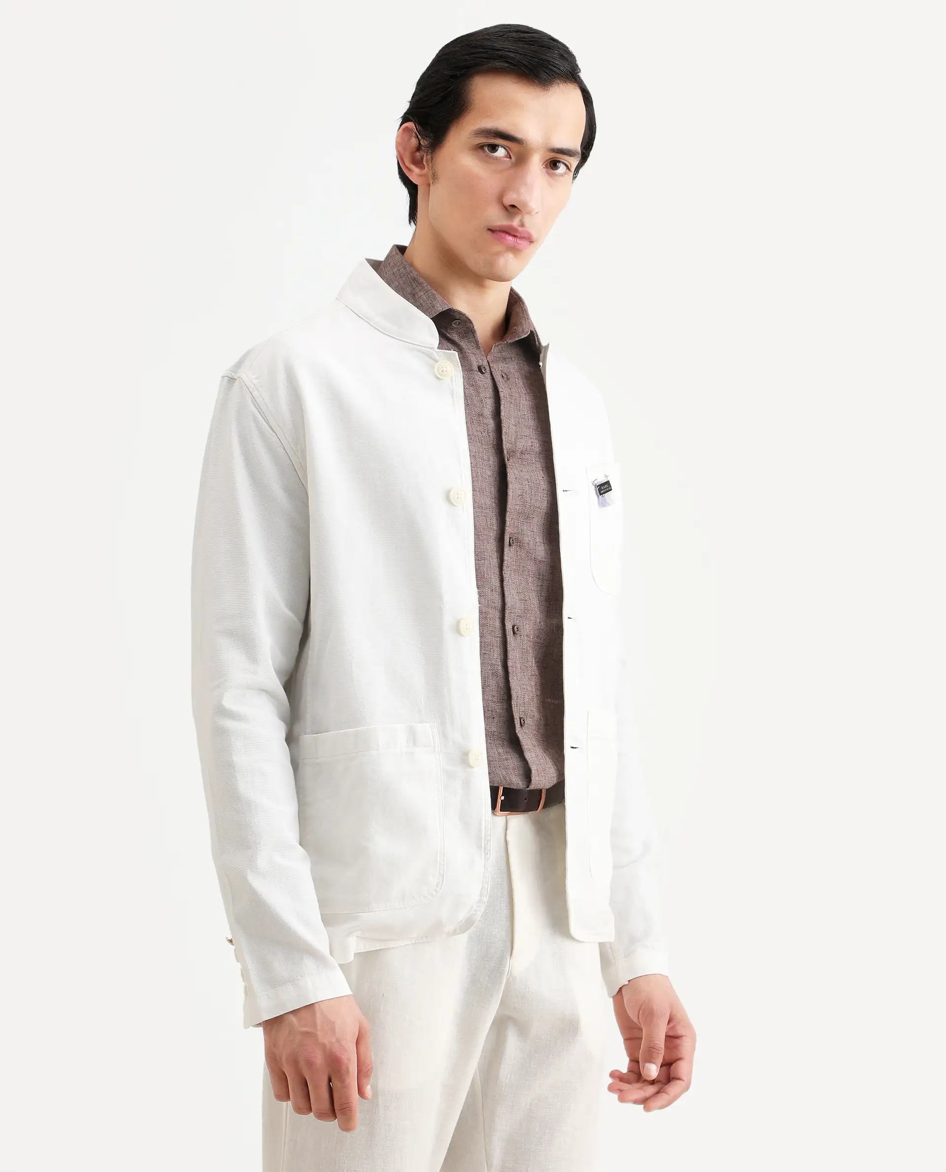 Rare Rabbit Men's Bastein Off White Cotton Plain Relaxed Fit Full Sleeve Mandarin Collar Jacket - Image 6
