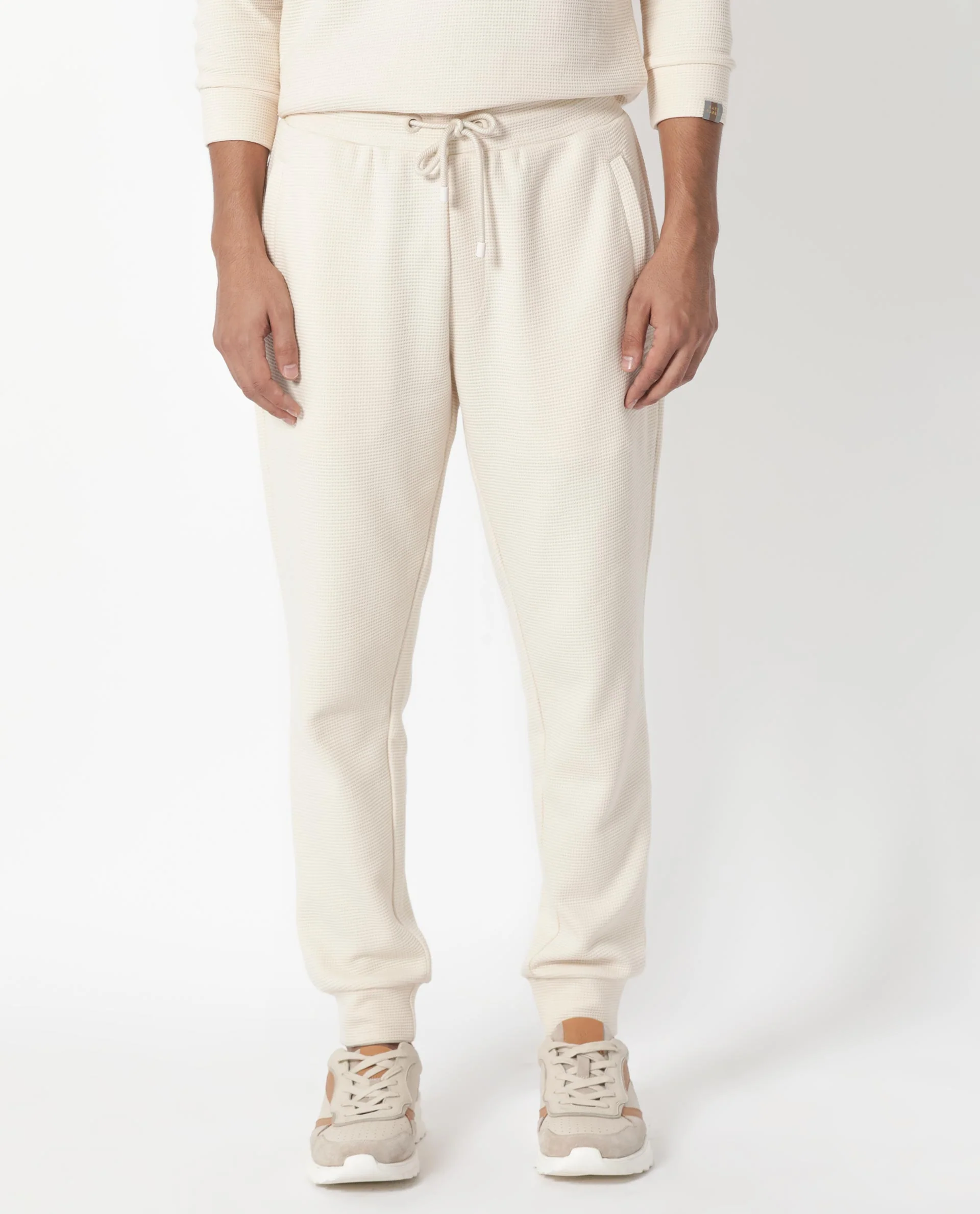 Rare Rabbit Men's Bastian Beige Waffle Print Regular Fit Track Pant - Image 8