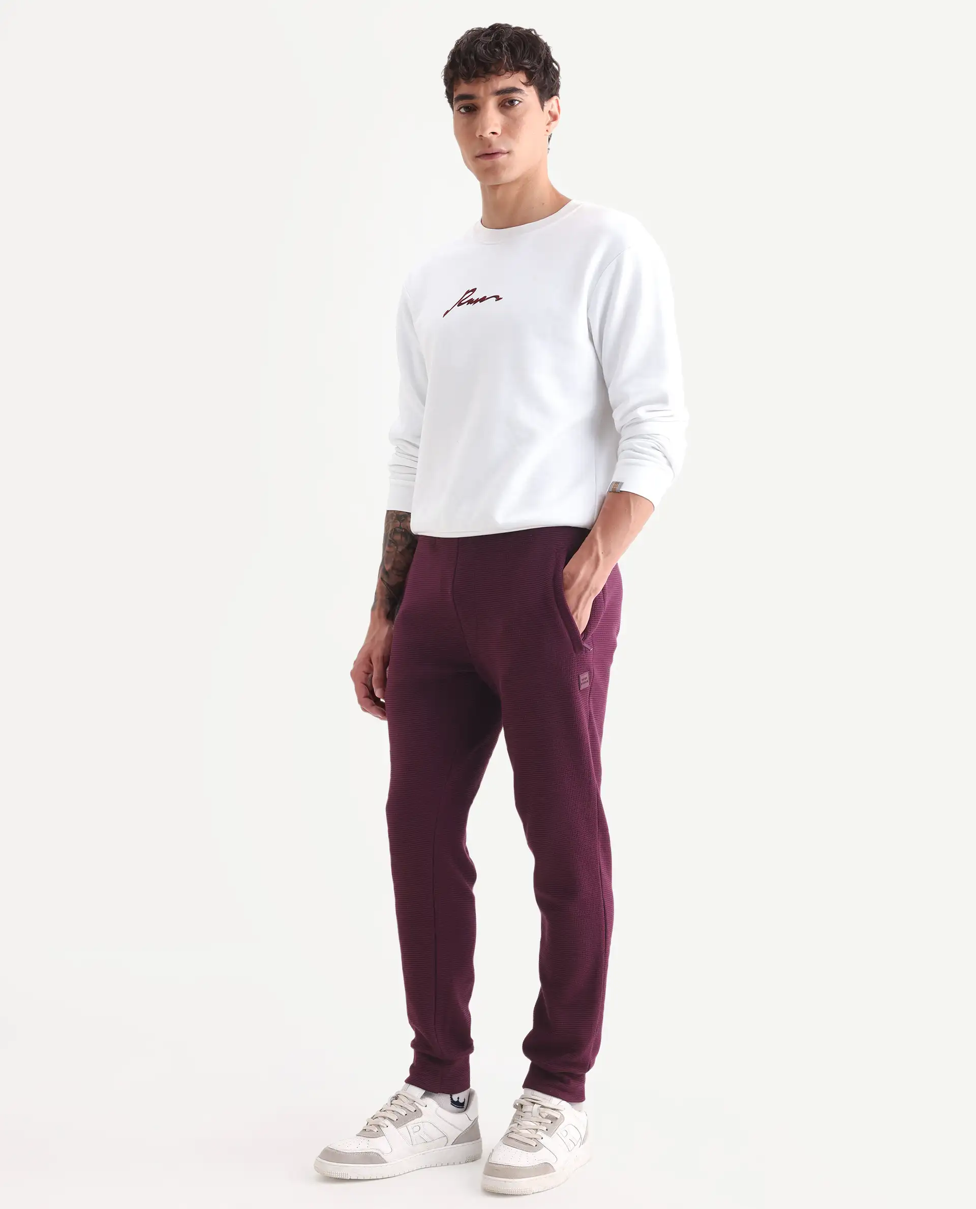 Rare Rabbit Men's Bastian Purple Cotton Plain Regular Fit Track Pant - Image 6