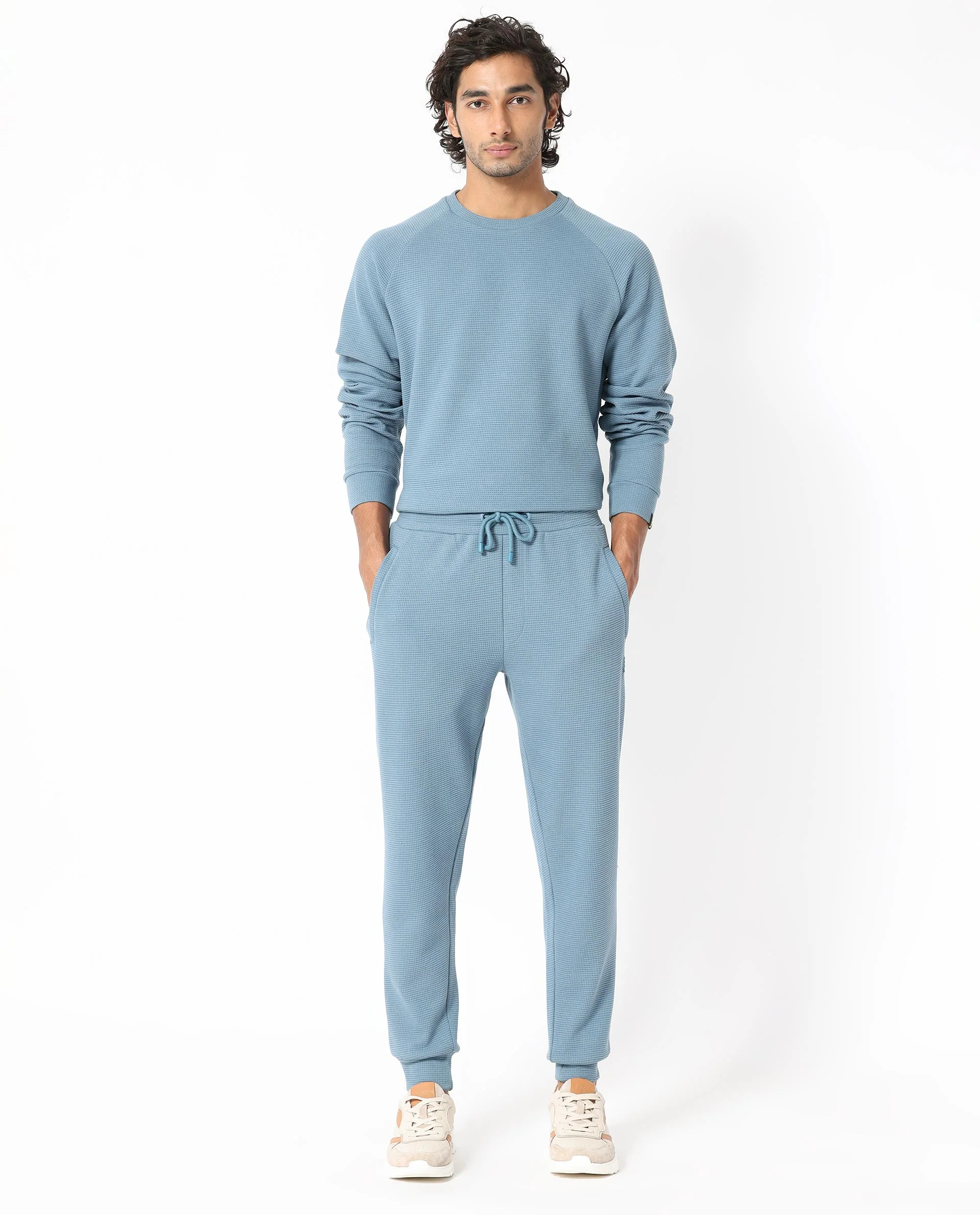 Rare Rabbit Men's Bastian Teal Waffle Print Regular Fit Track Pant - Image 2