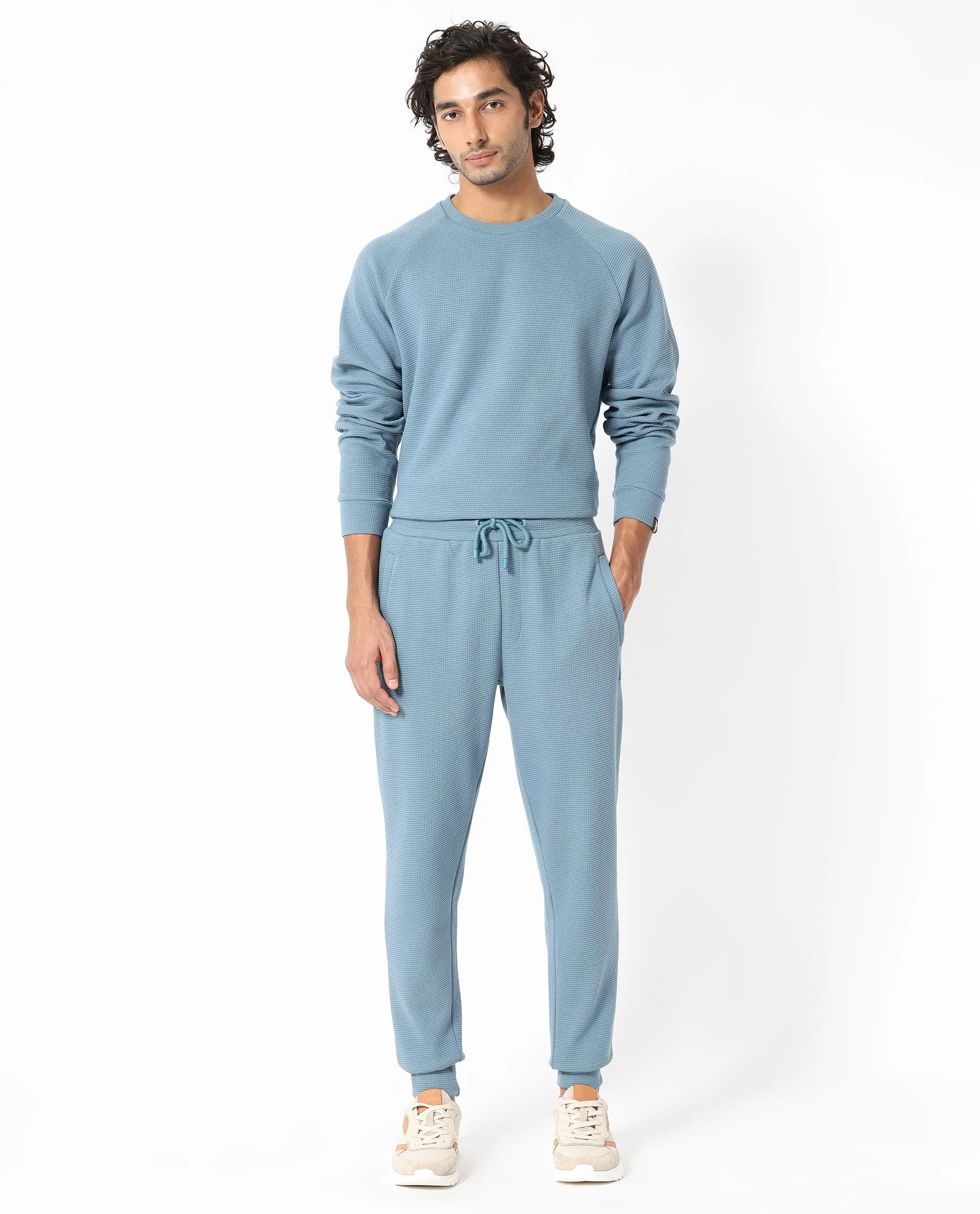 Rare Rabbit Men's Bastian Teal Waffle Print Regular Fit Track Pant - Image 5