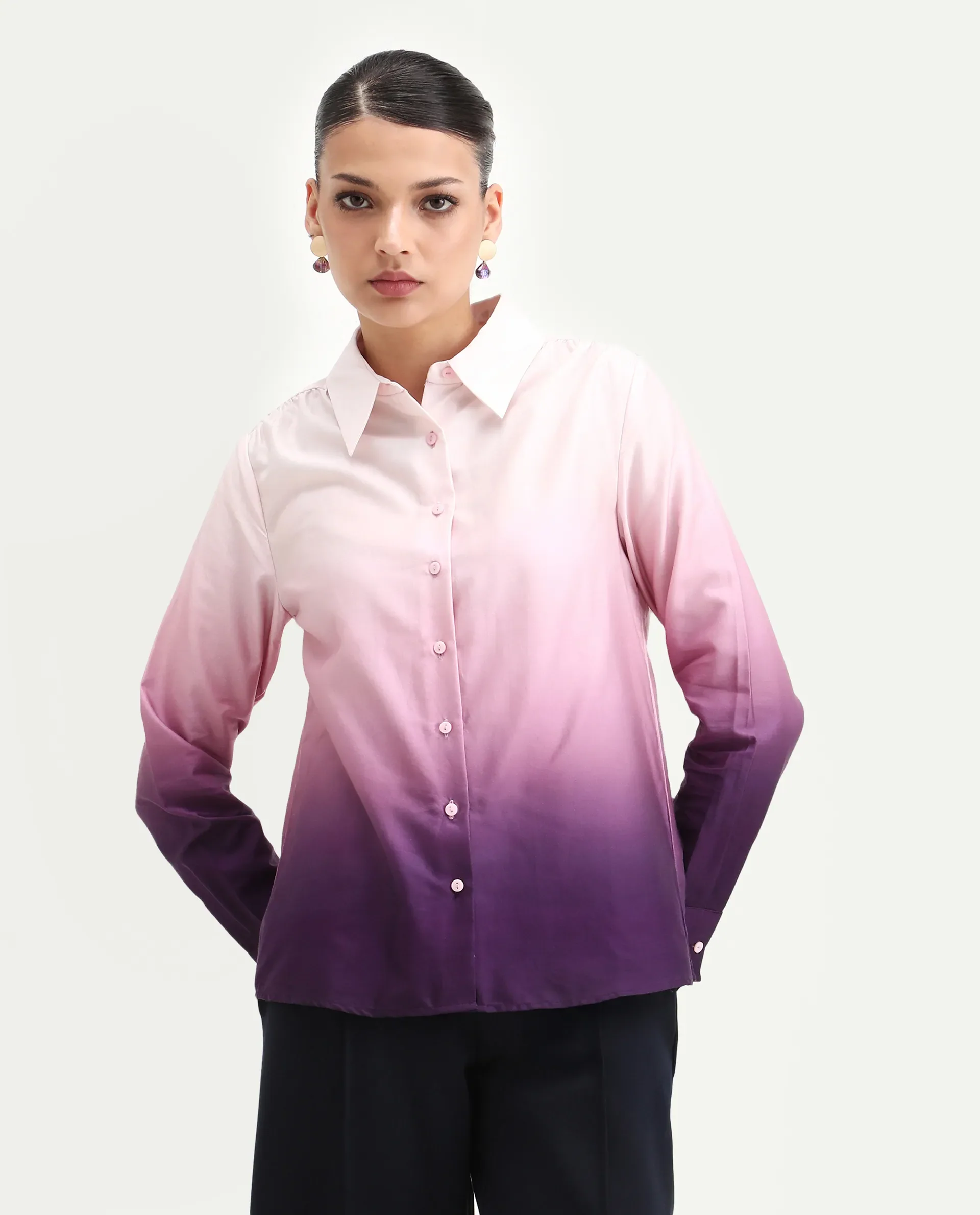 Rareism Women's Batim Purple Cotton Collared Neck Regular Fit Shirt - Image 4