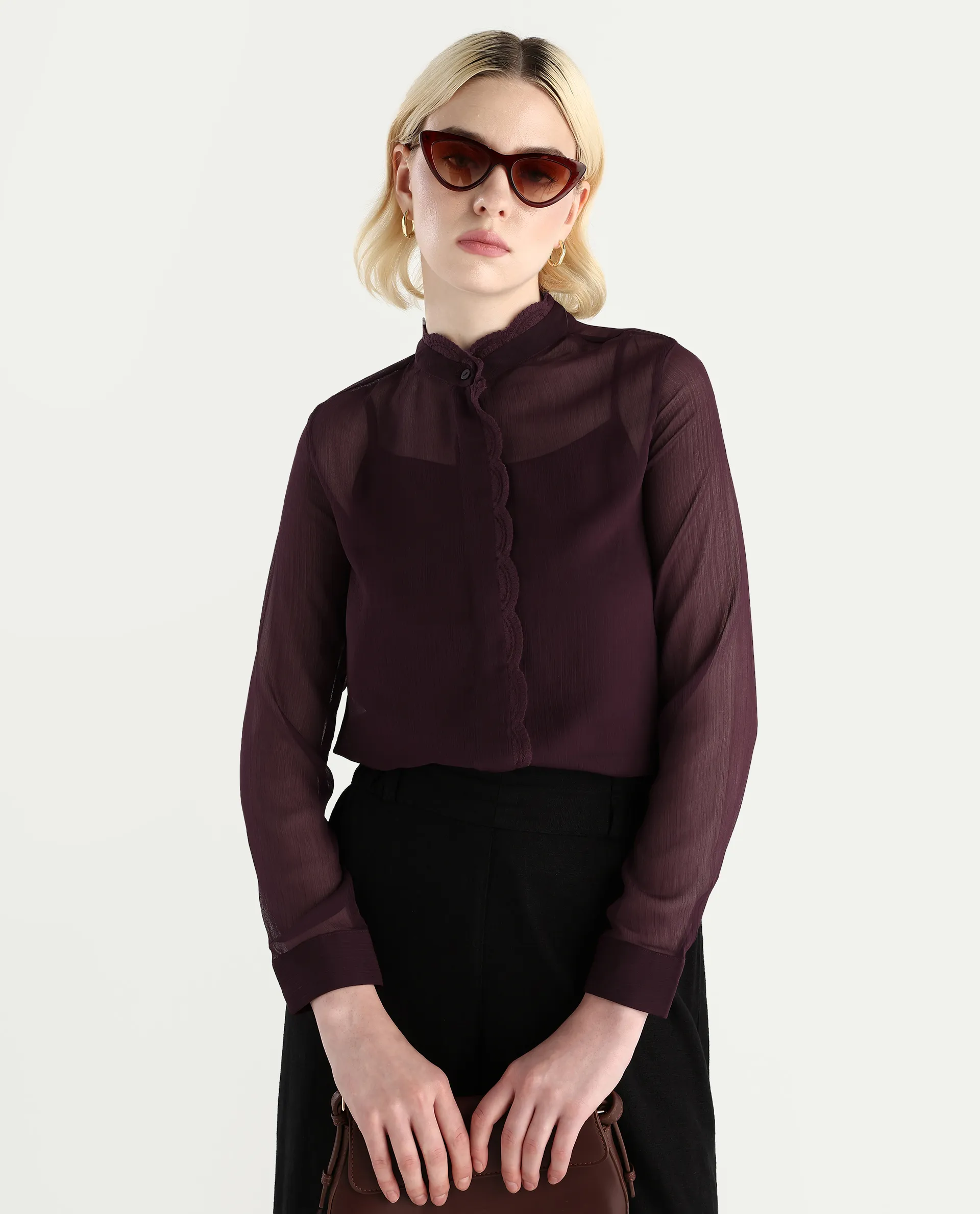 Rareism Women's Batmin Maroon Polyester Cuffed Sleeve Mandarin Collar Regular Fit Shirt