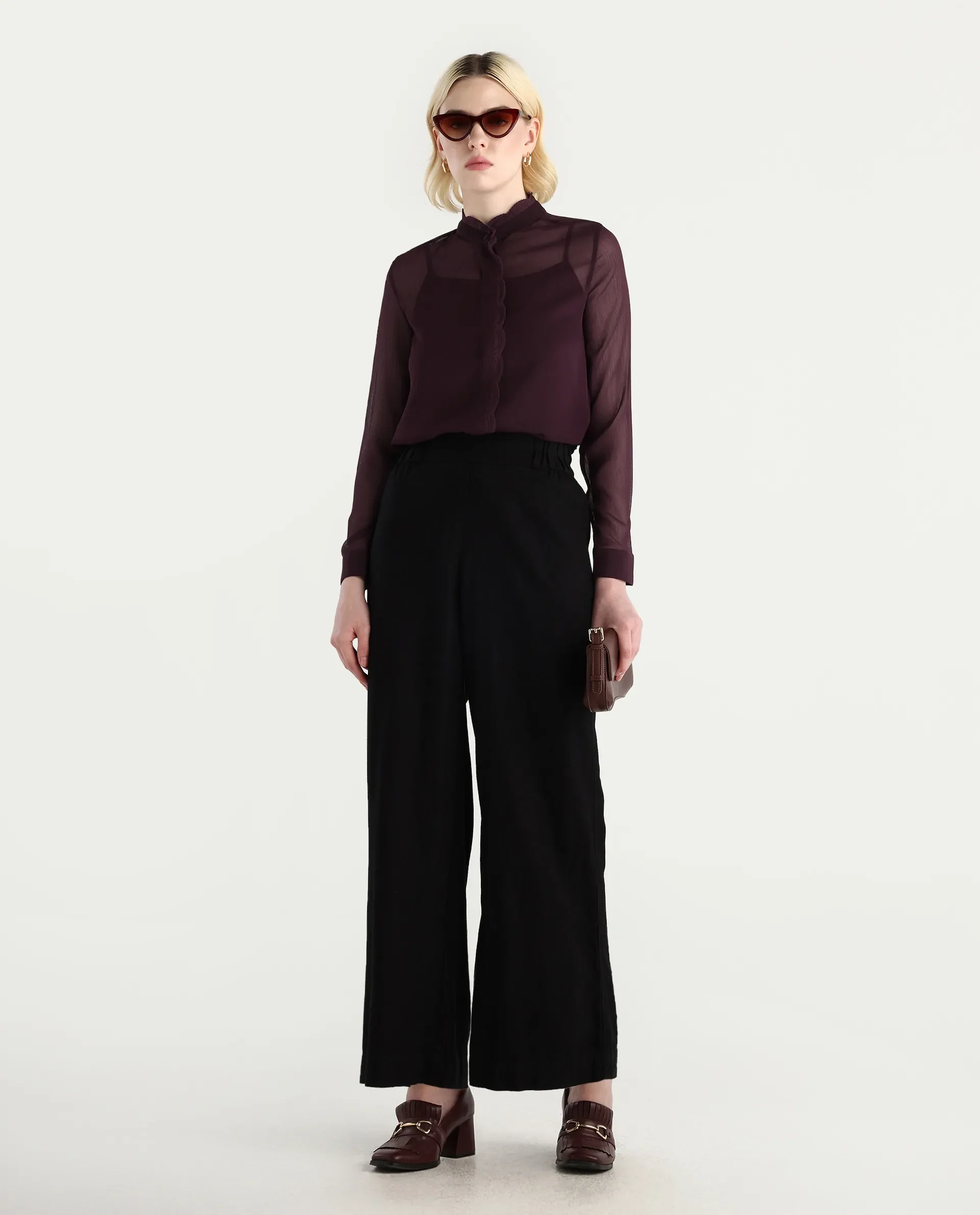 Rareism Women's Batmin Maroon Polyester Cuffed Sleeve Mandarin Collar Regular Fit Shirt - Image 2