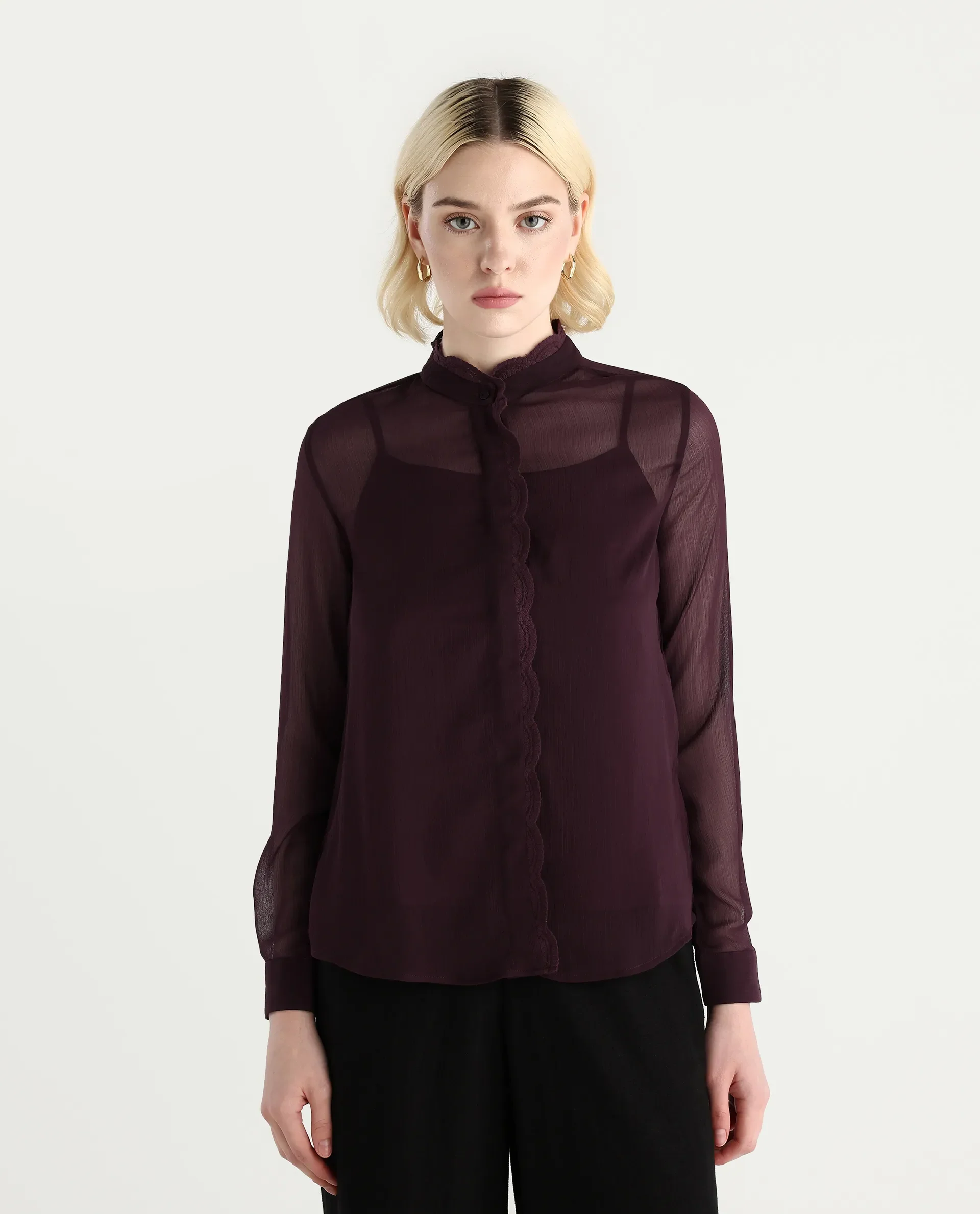 Rareism Women's Batmin Maroon Polyester Cuffed Sleeve Mandarin Collar Regular Fit Shirt - Image 3