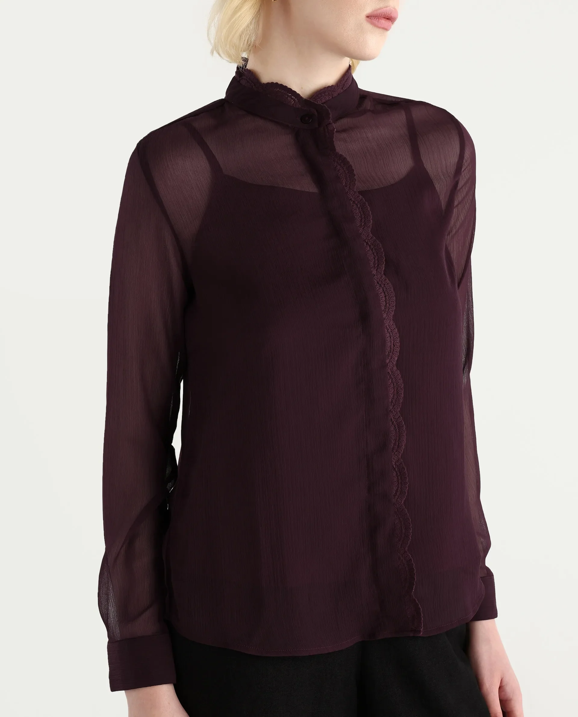 Rareism Women's Batmin Maroon Polyester Cuffed Sleeve Mandarin Collar Regular Fit Shirt - Image 4