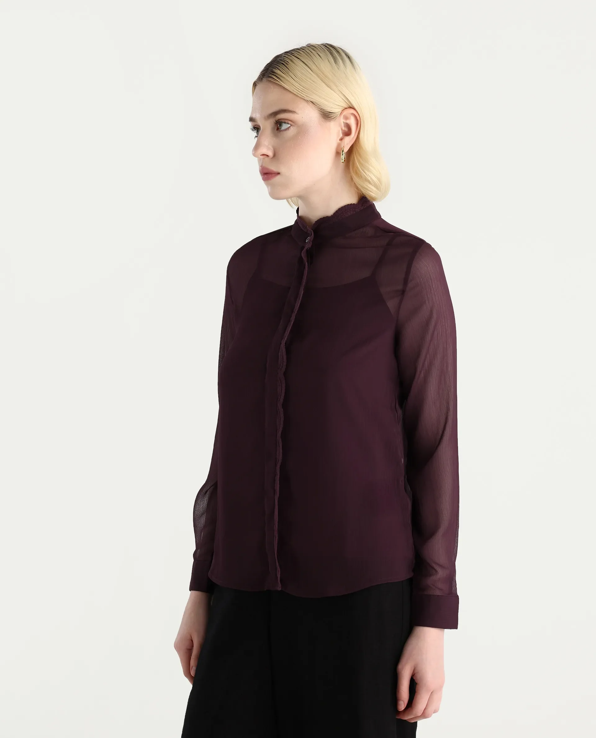 Rareism Women's Batmin Maroon Polyester Cuffed Sleeve Mandarin Collar Regular Fit Shirt - Image 5