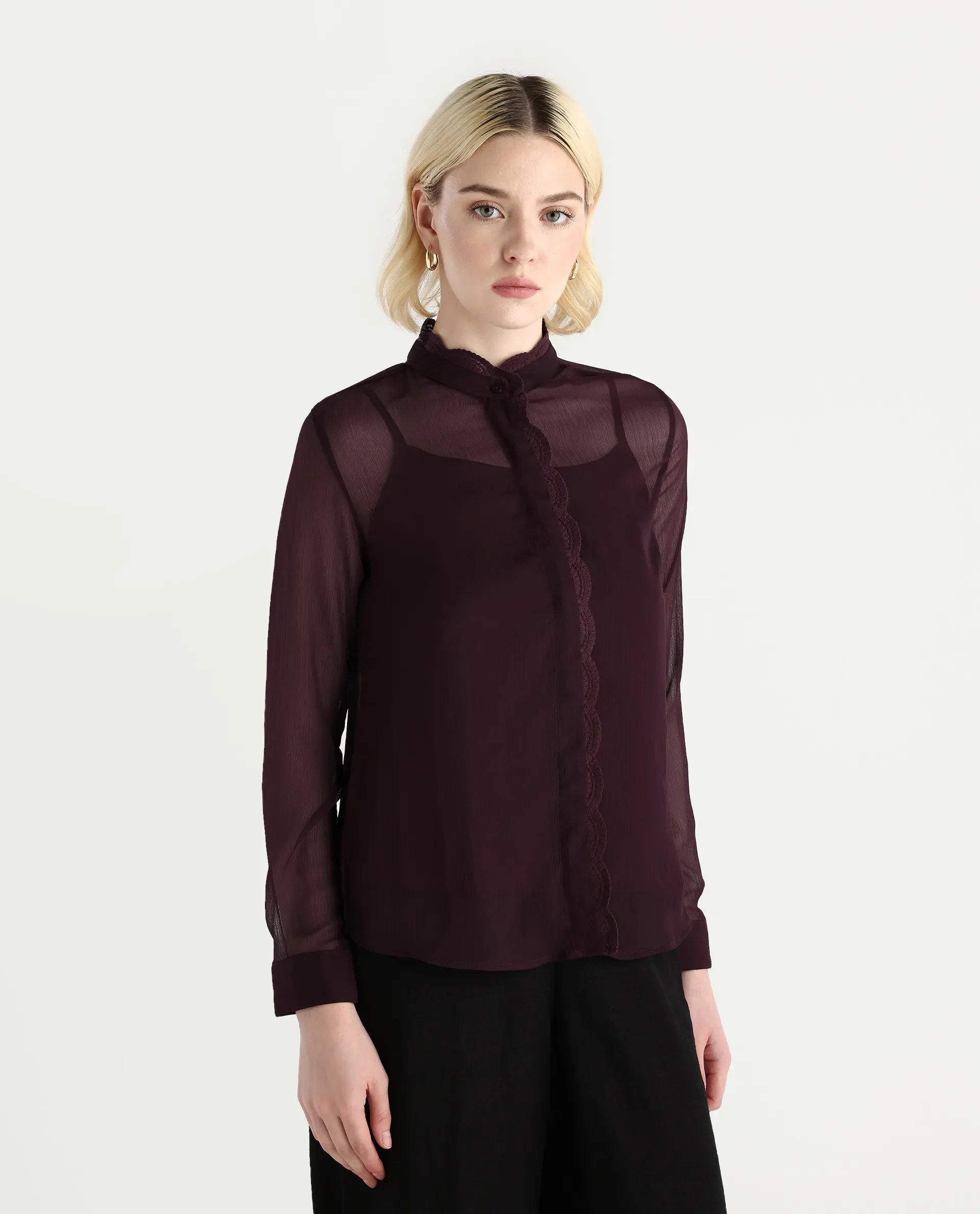 Rareism Women's Batmin Maroon Polyester Cuffed Sleeve Mandarin Collar Regular Fit Shirt - Image 6