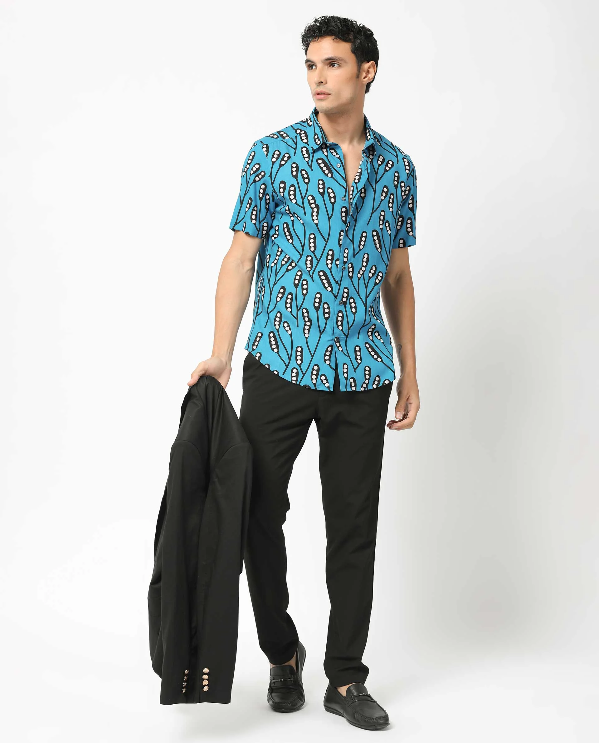 Rare Rabbit Men's Baton Blue Viscose Tropical Print Regular Fit Half Sleeve Collared Shirt - Image 2