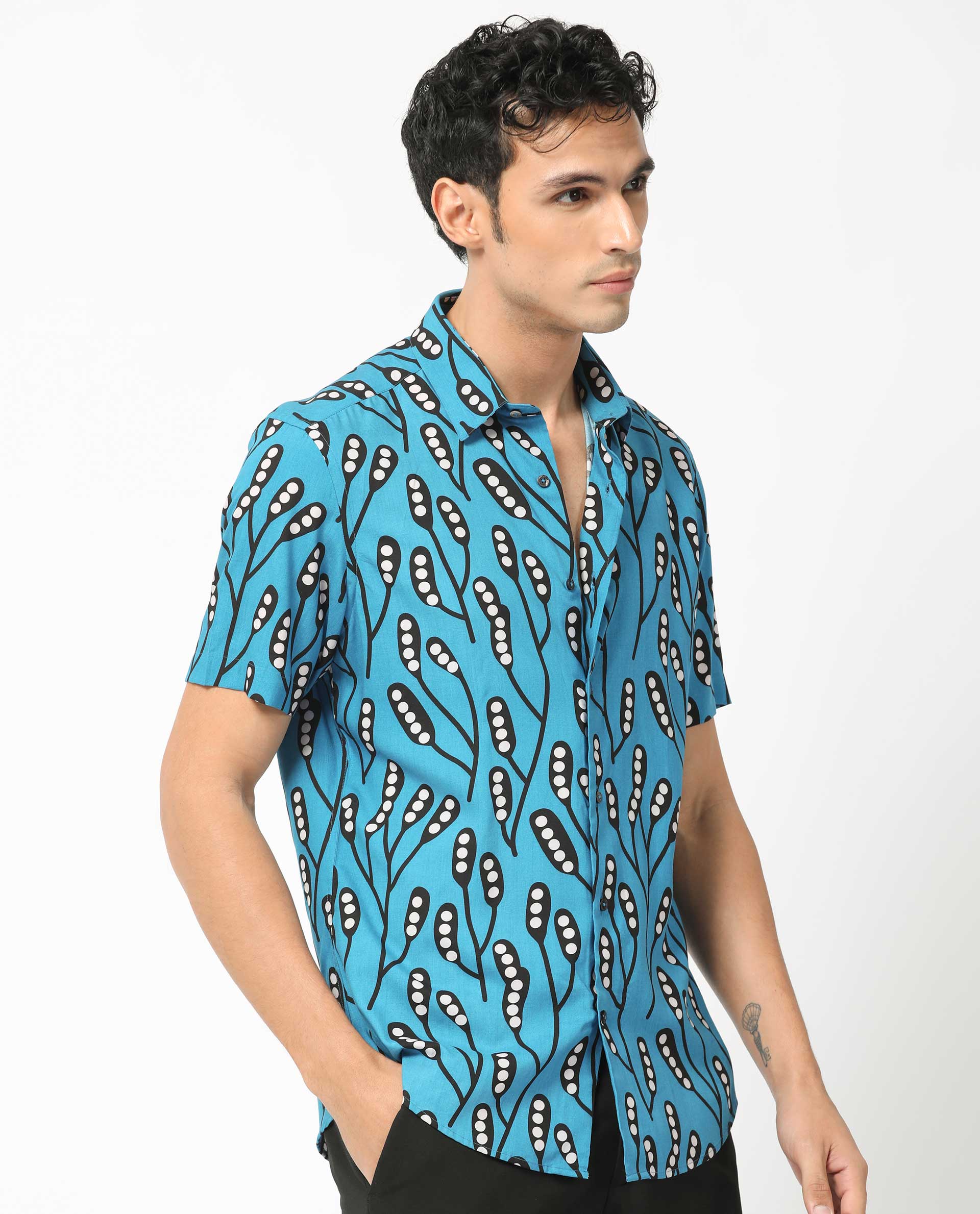 Rare Rabbit Men's Baton Blue Viscose Tropical Print Regular Fit Half Sleeve Collared Shirt - Image 3