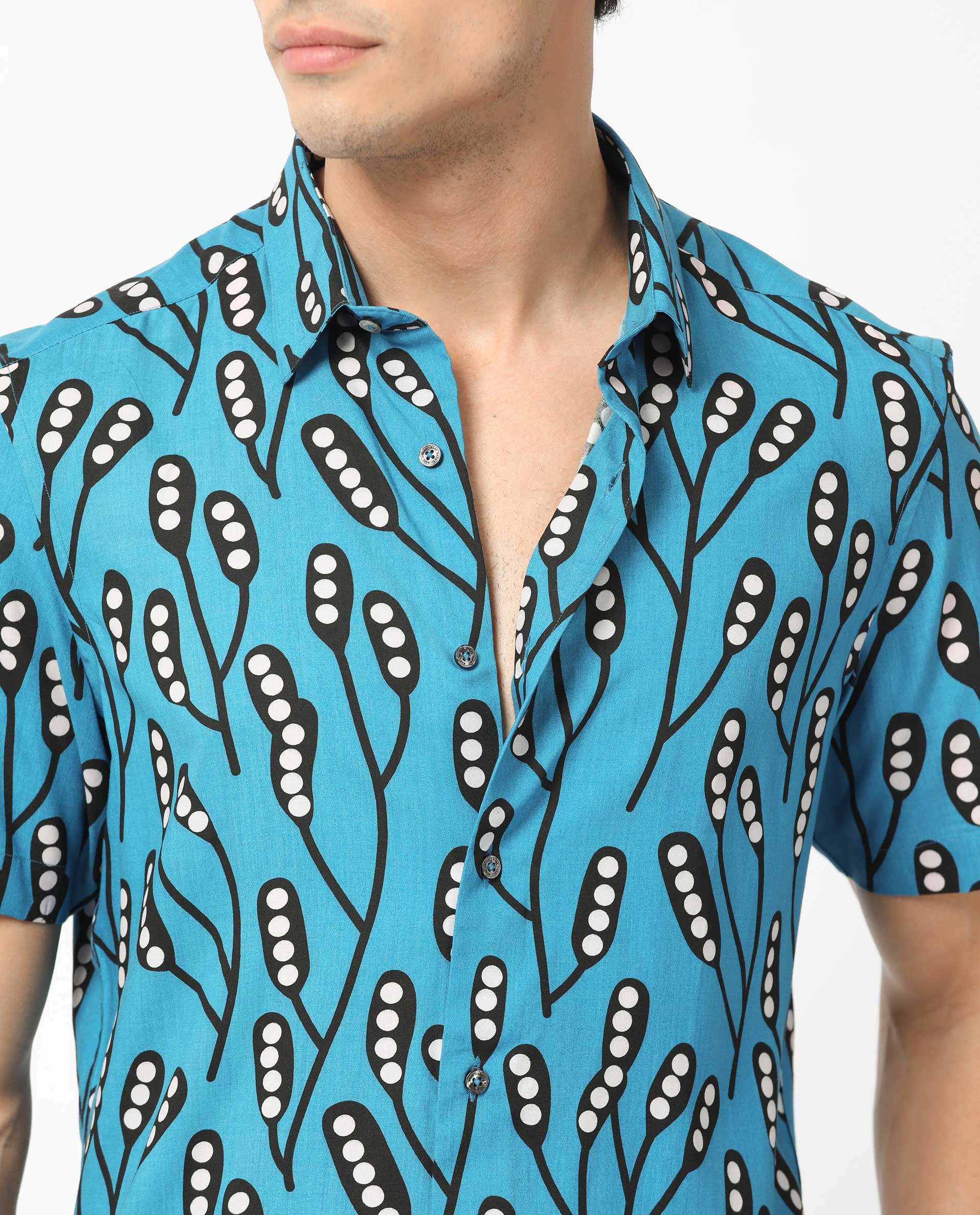 Rare Rabbit Men's Baton Blue Viscose Tropical Print Regular Fit Half Sleeve Collared Shirt - Image 4