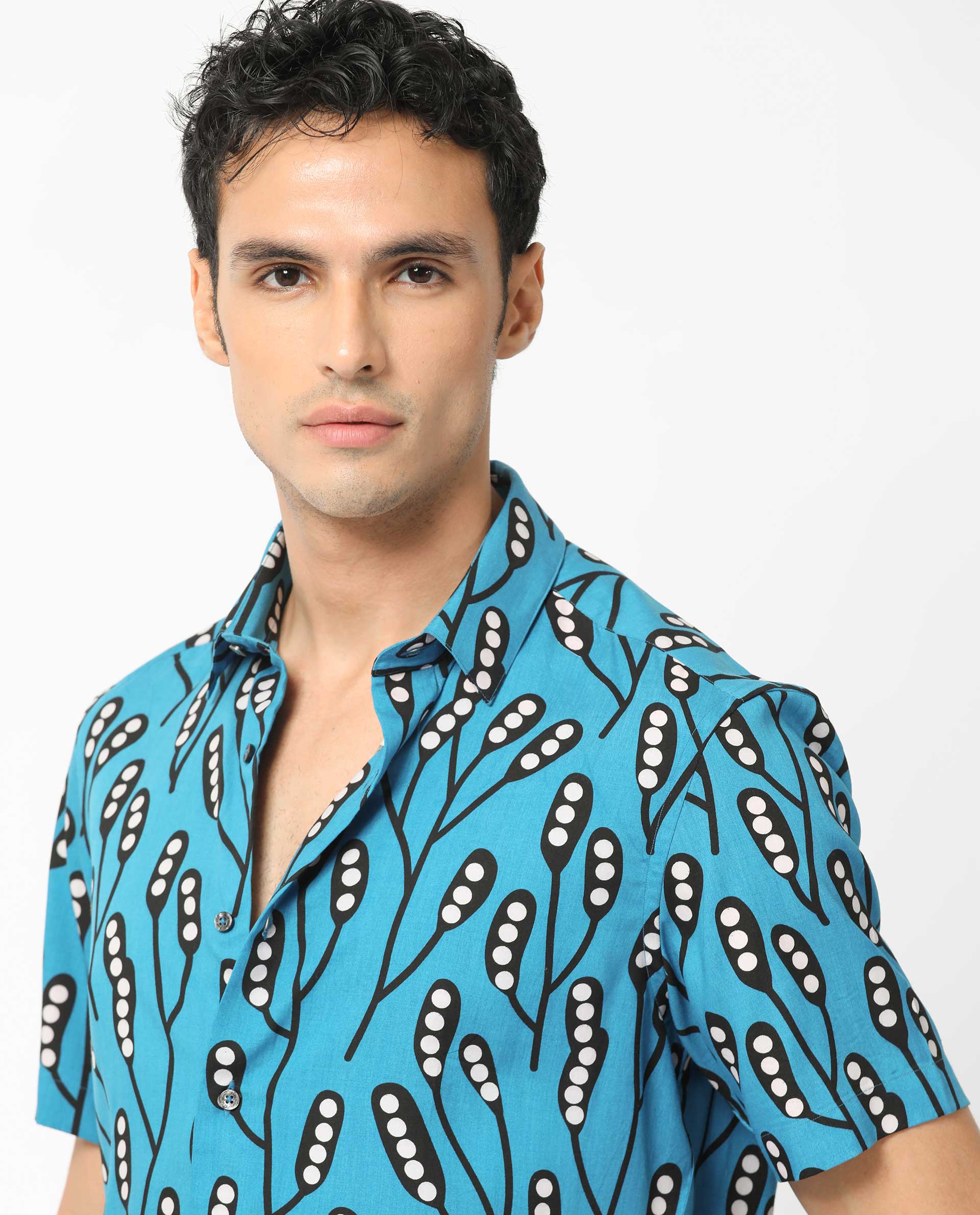 Rare Rabbit Men's Baton Blue Viscose Tropical Print Regular Fit Half Sleeve Collared Shirt - Image 5