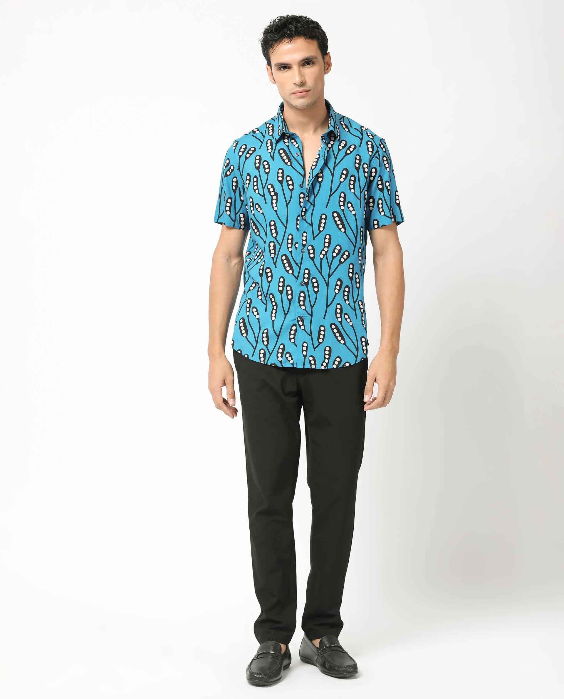 Rare Rabbit Men's Baton Blue Viscose Tropical Print Regular Fit Half Sleeve Collared Shirt - Image 6