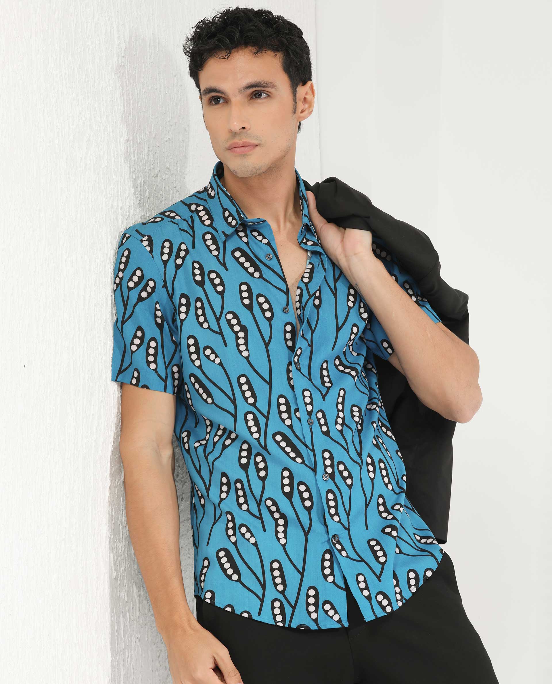 Rare Rabbit Men's Baton Blue Viscose Tropical Print Regular Fit Half Sleeve Collared Shirt - Image 7