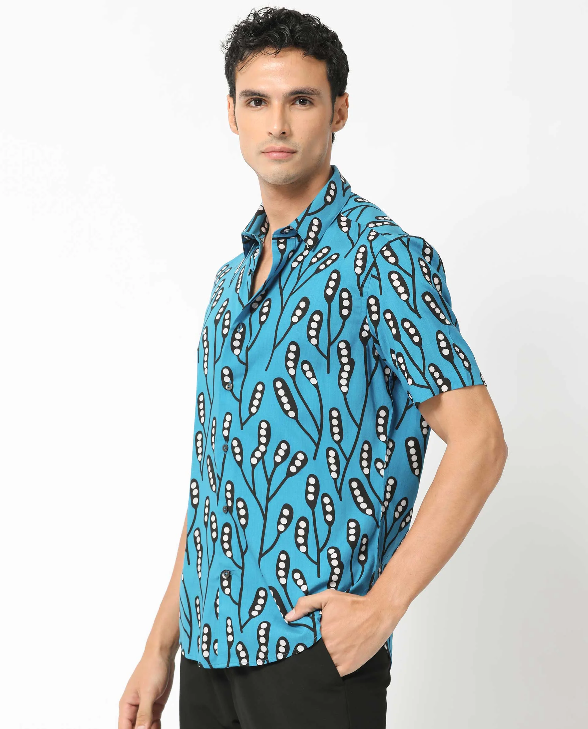 Rare Rabbit Men's Baton Blue Viscose Tropical Print Regular Fit Half Sleeve Collared Shirt - Image 8