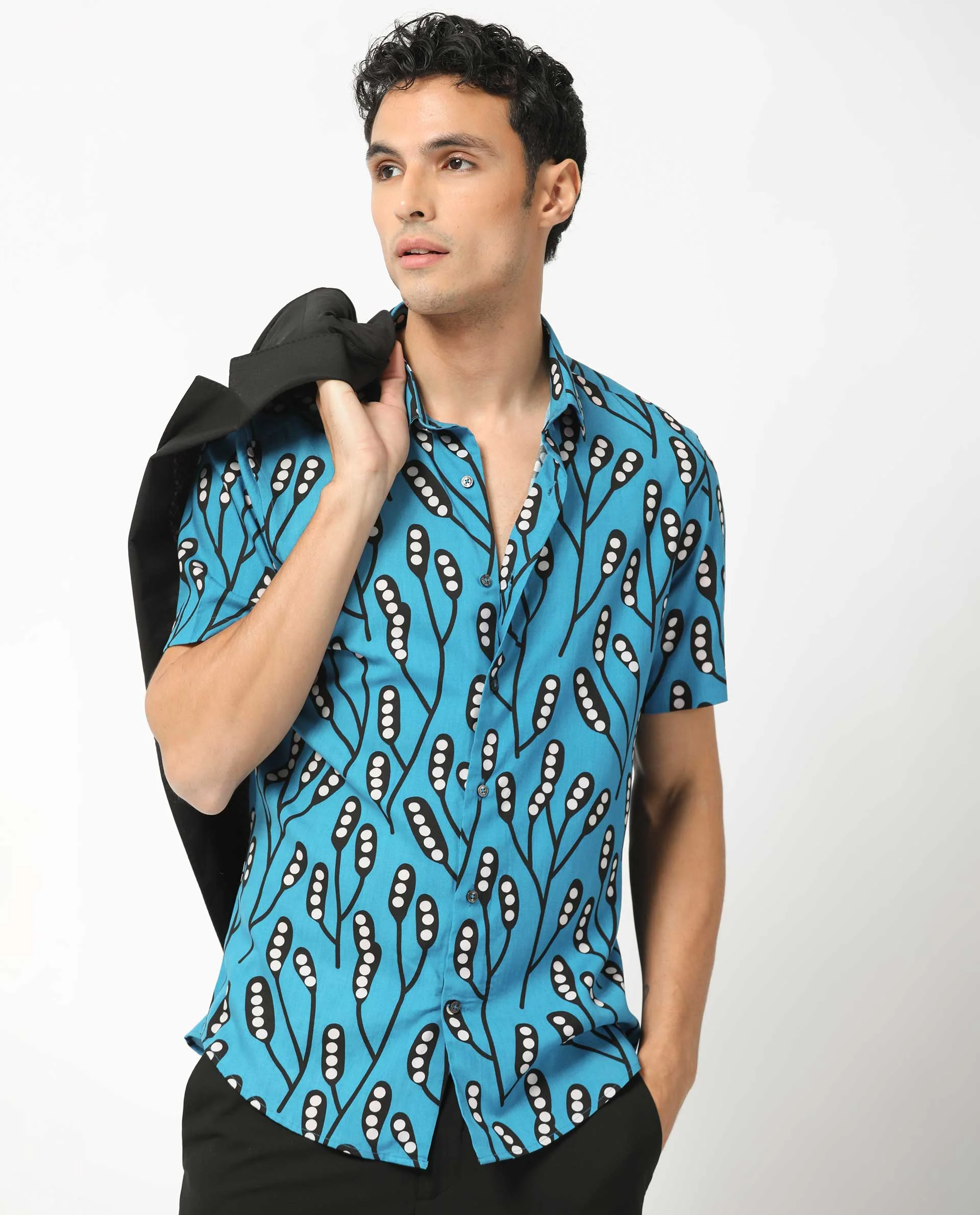 Rare Rabbit Men's Baton Blue Viscose Tropical Print Regular Fit Half Sleeve Collared Shirt - Image 9