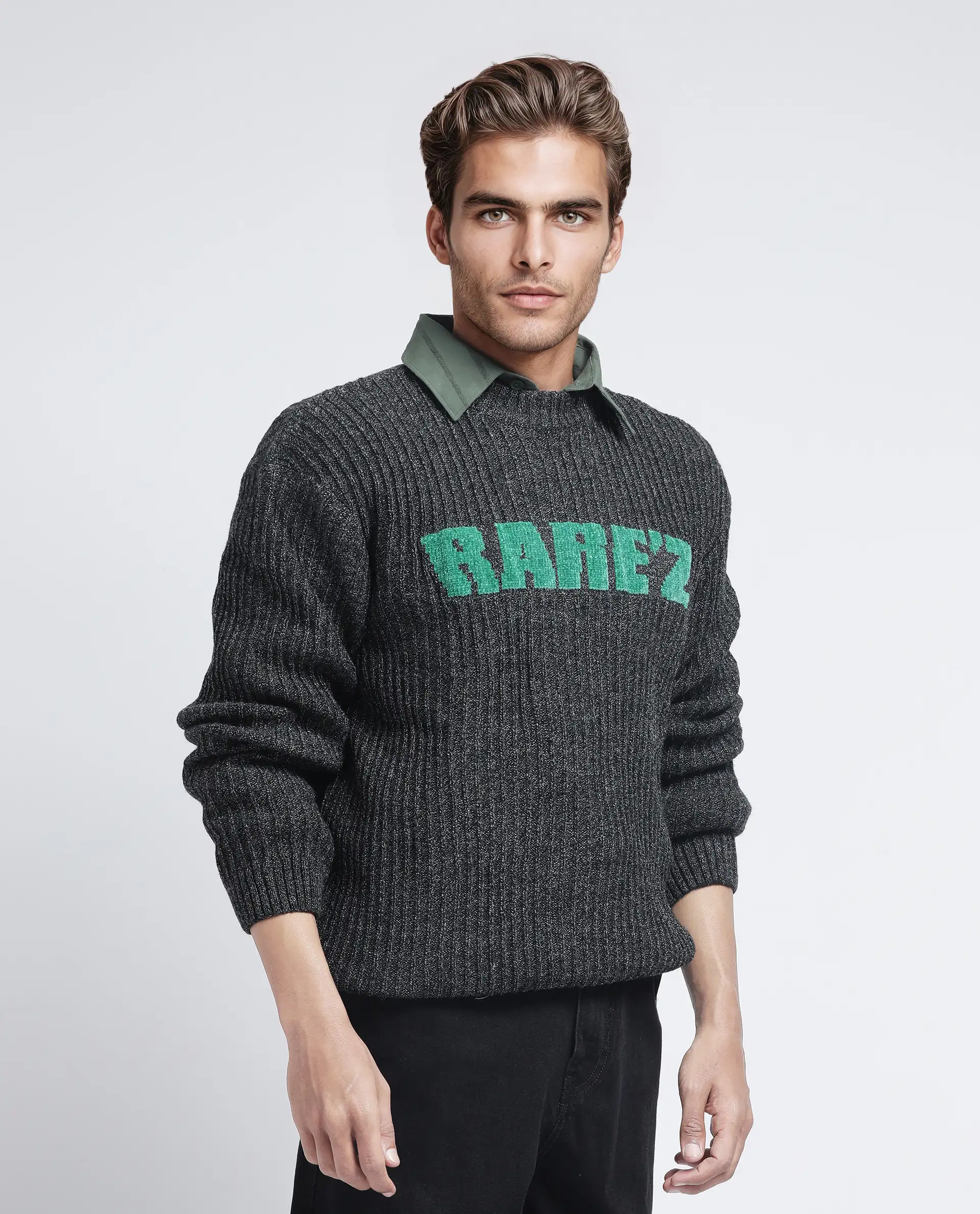 Rare Rabbit Men's Batten Dark Grey Cotton Brand Logo Print Regular Fit Full Sleeve Crew Neck Sweater - Image 3