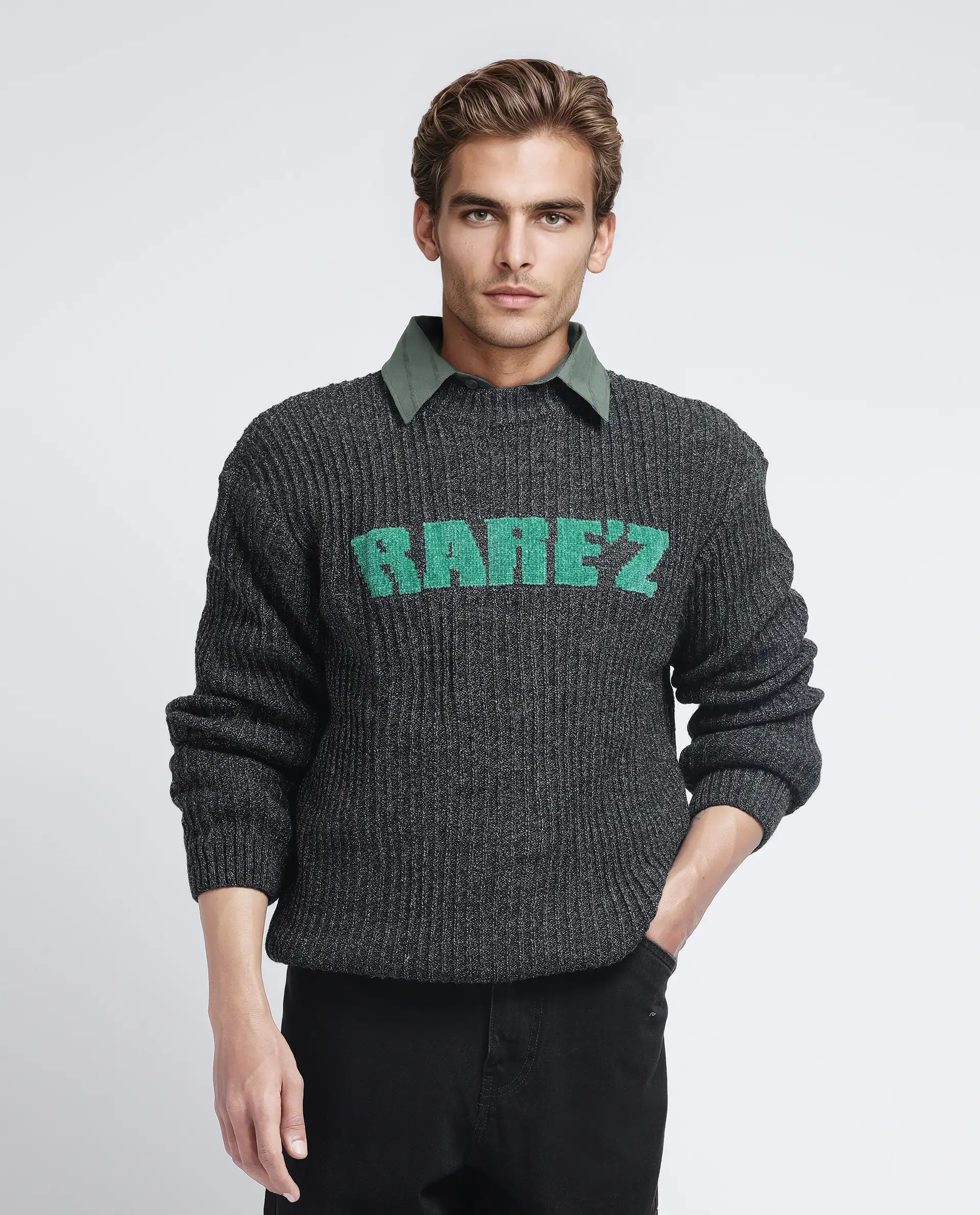 Rare Rabbit Men's Batten Dark Grey Cotton Brand Logo Print Regular Fit Full Sleeve Crew Neck Sweater - Image 7