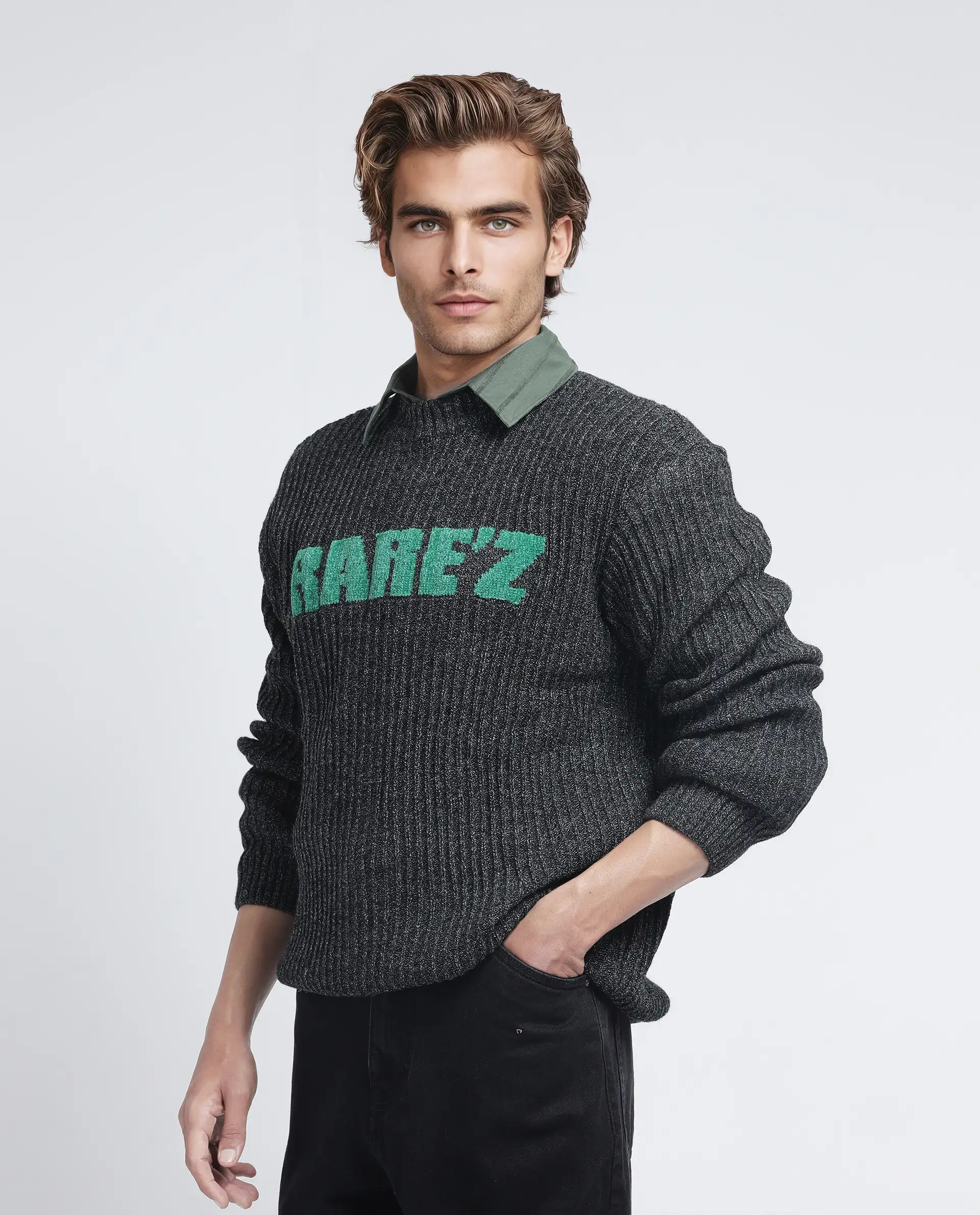 Rare Rabbit Men's Batten Dark Grey Cotton Brand Logo Print Regular Fit Full Sleeve Crew Neck Sweater - Image 8