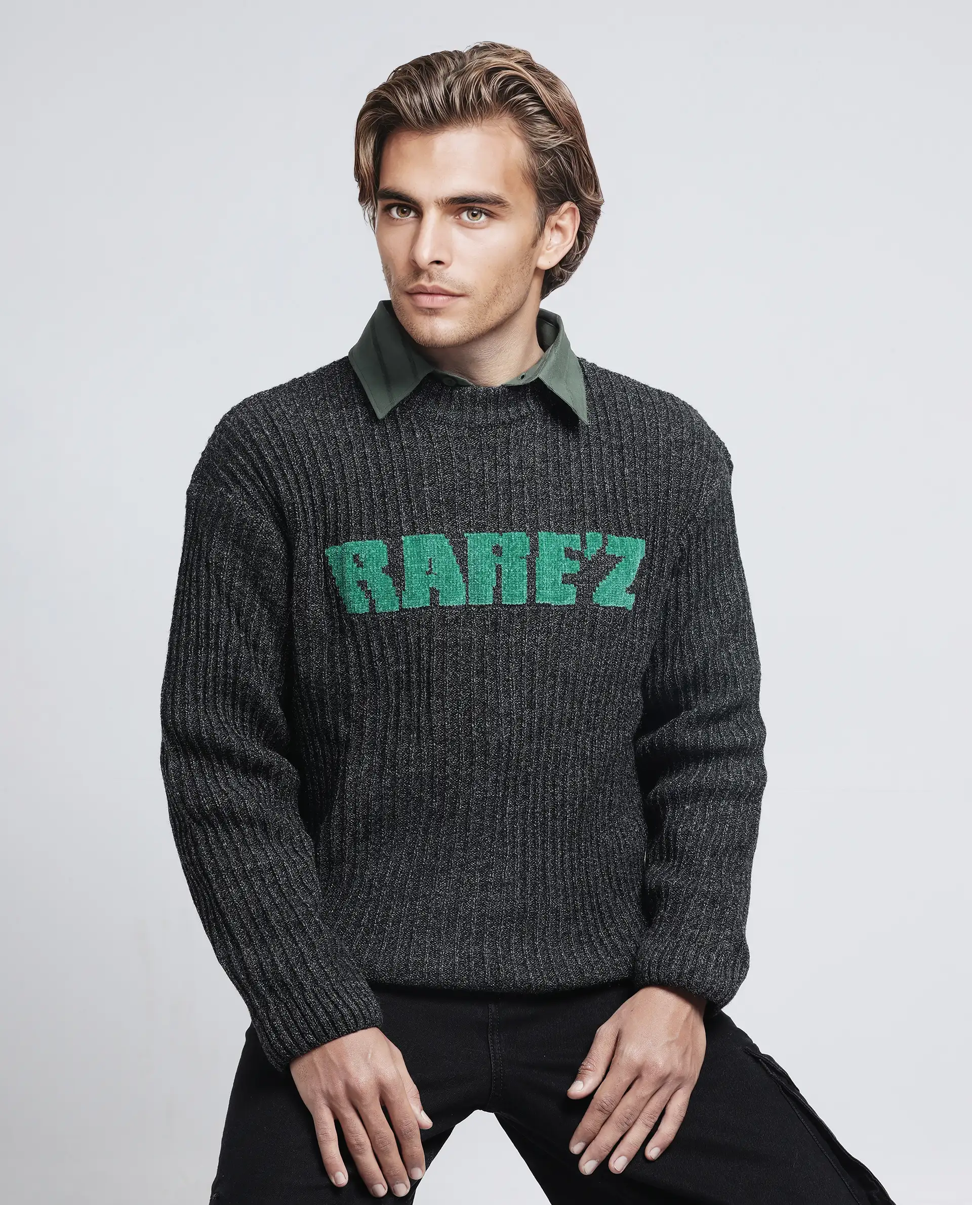 Rare Rabbit Men's Batten Dark Grey Cotton Brand Logo Print Regular Fit Full Sleeve Crew Neck Sweater - Image 9