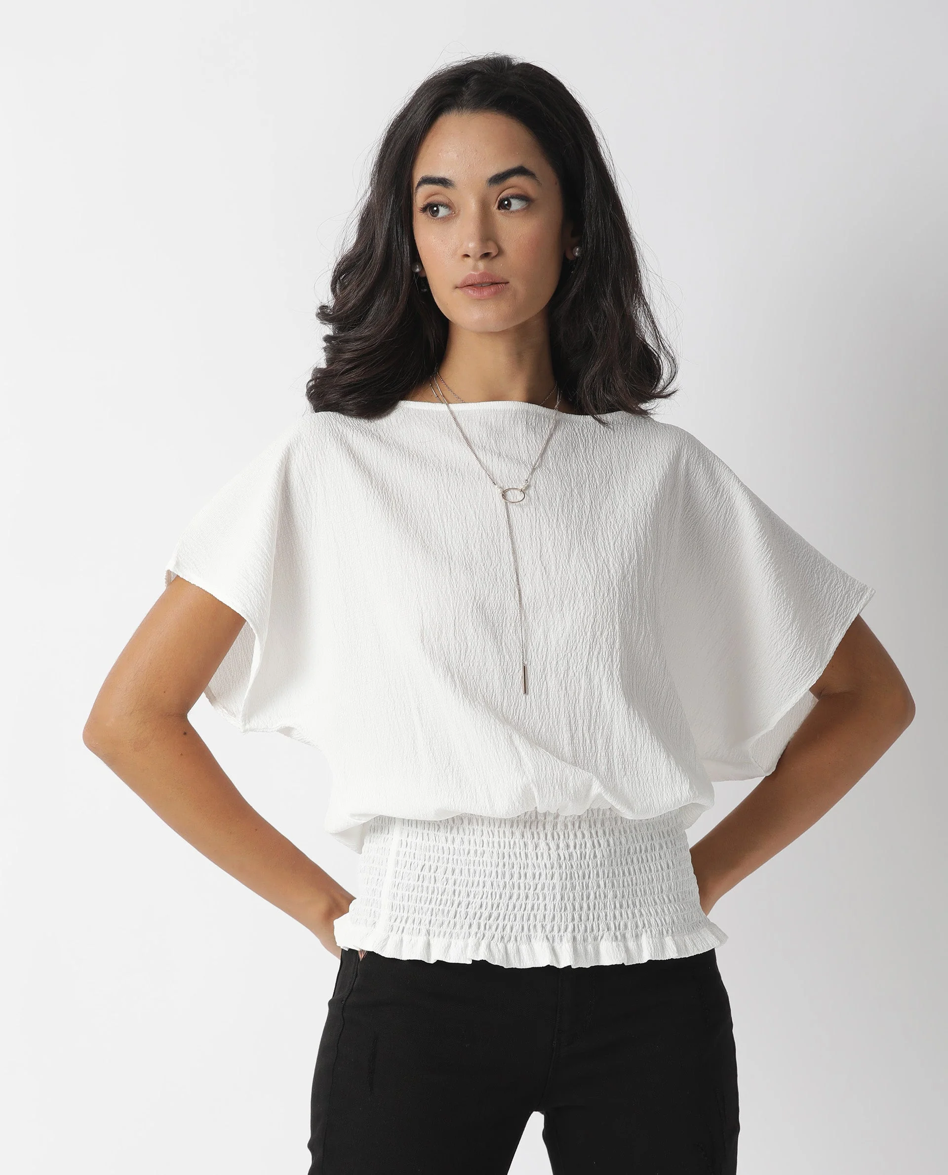 Rareism Women's Battle White Boat Neck Plain Tailored Top