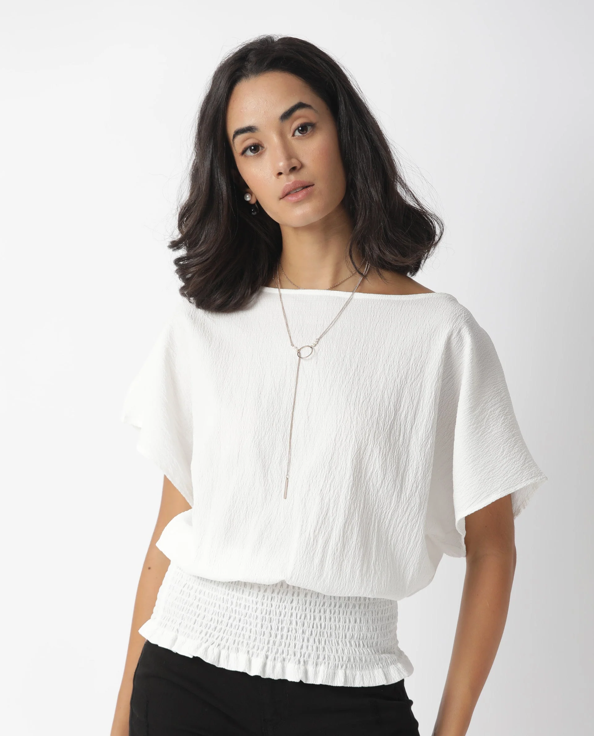 Rareism Women's Battle White Boat Neck Plain Tailored Top - Image 3