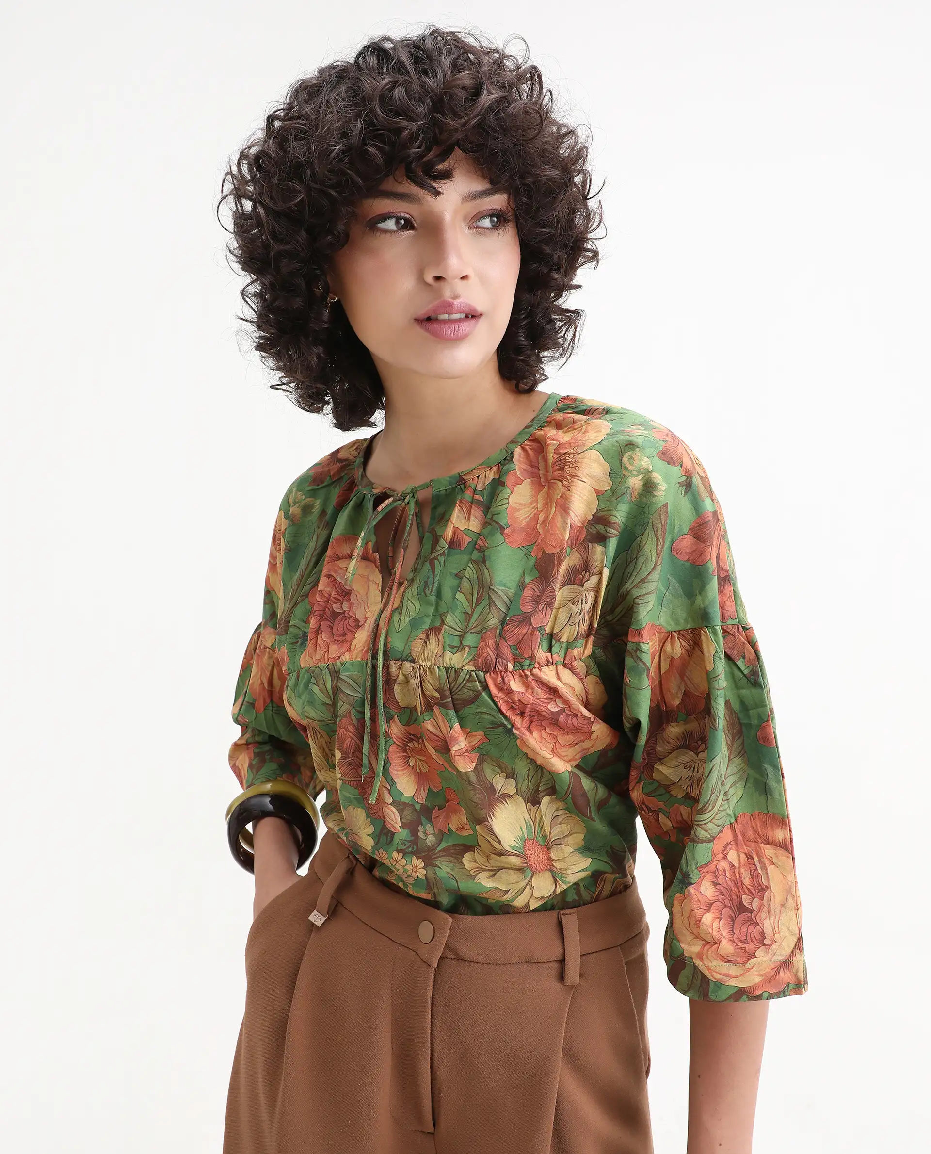 Rareism Women's Baudel Green Cotton Tie-Up Neck Floral Print Kimono Sleeve Relaxed Fit Top - Image 2