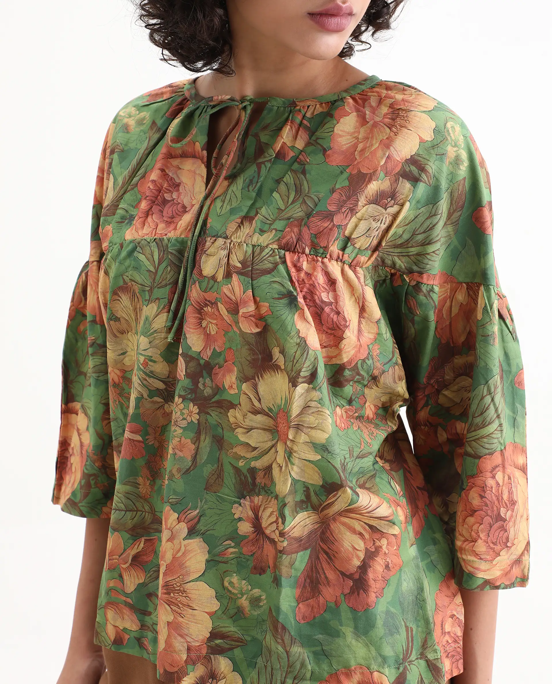 Rareism Women's Baudel Green Cotton Tie-Up Neck Floral Print Kimono Sleeve Relaxed Fit Top - Image 3