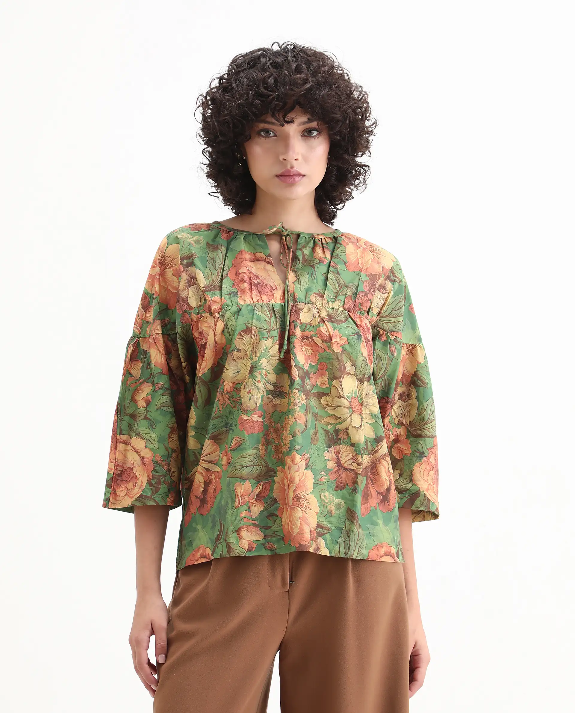 Rareism Women's Baudel Green Cotton Tie-Up Neck Floral Print Kimono Sleeve Relaxed Fit Top - Image 4