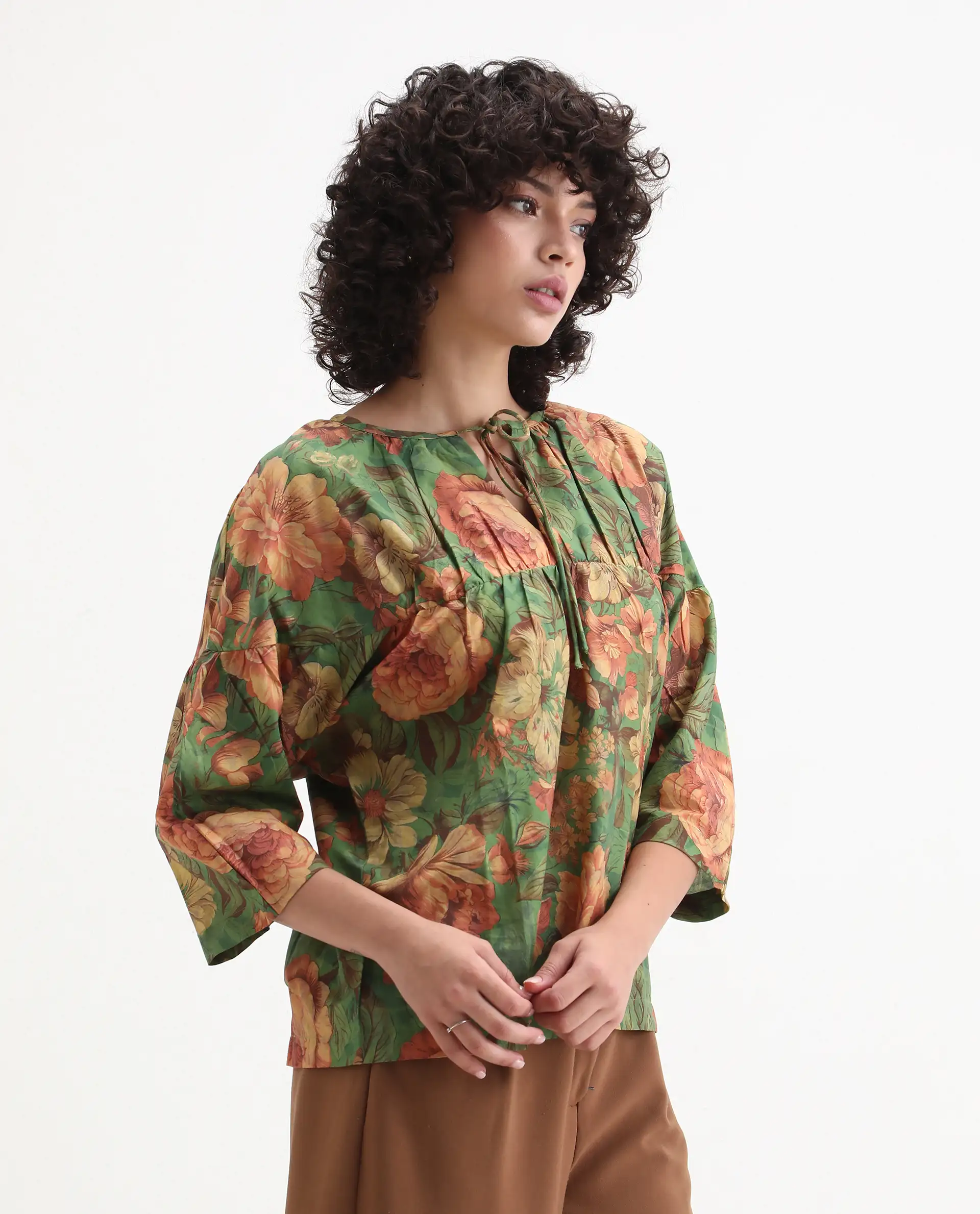 Rareism Women's Baudel Green Cotton Tie-Up Neck Floral Print Kimono Sleeve Relaxed Fit Top - Image 5