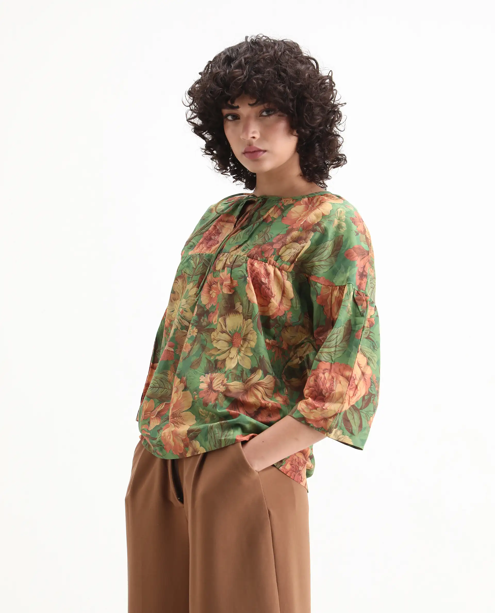 Rareism Women's Baudel Green Cotton Tie-Up Neck Floral Print Kimono Sleeve Relaxed Fit Top - Image 6