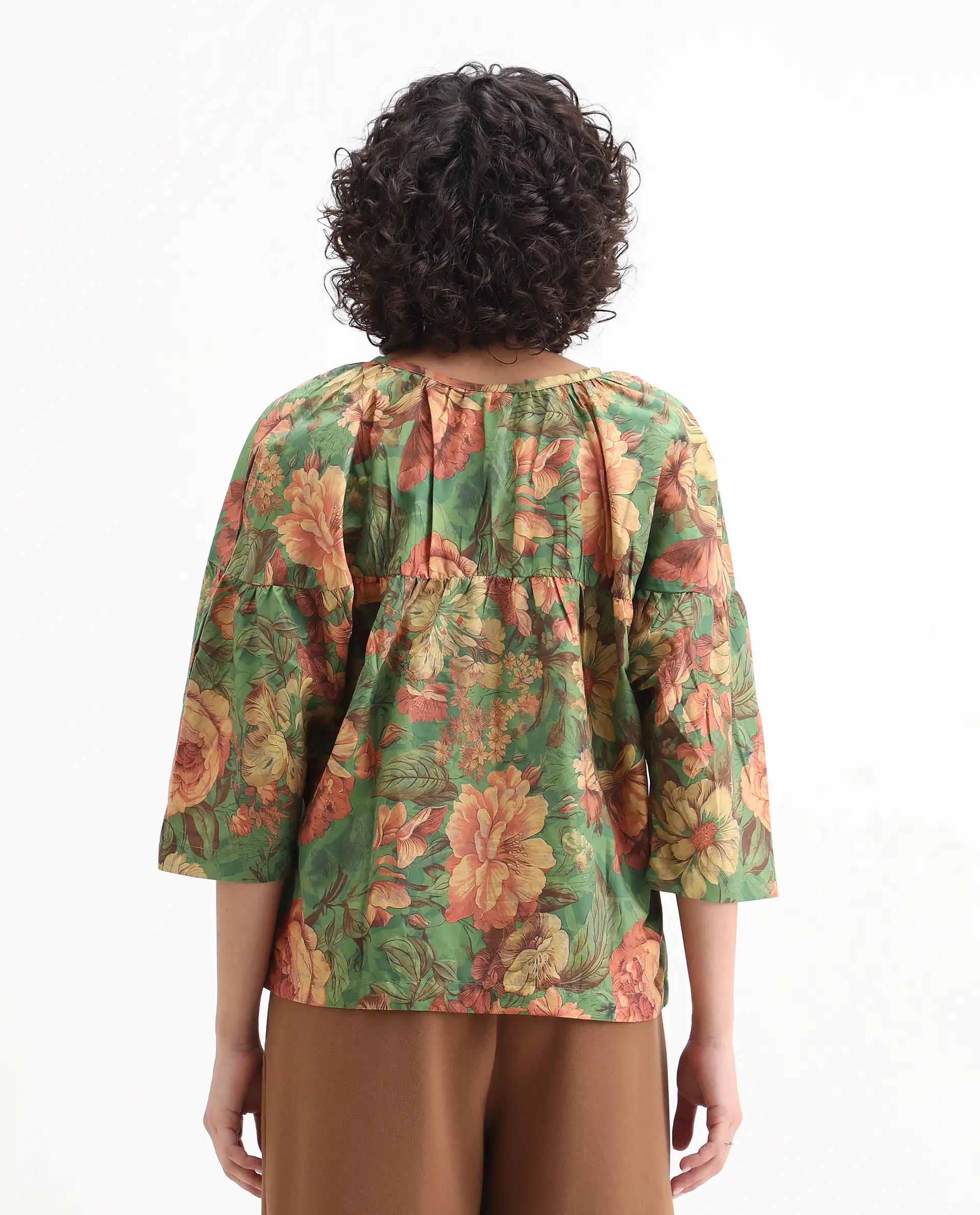 Rareism Women's Baudel Green Cotton Tie-Up Neck Floral Print Kimono Sleeve Relaxed Fit Top - Image 7
