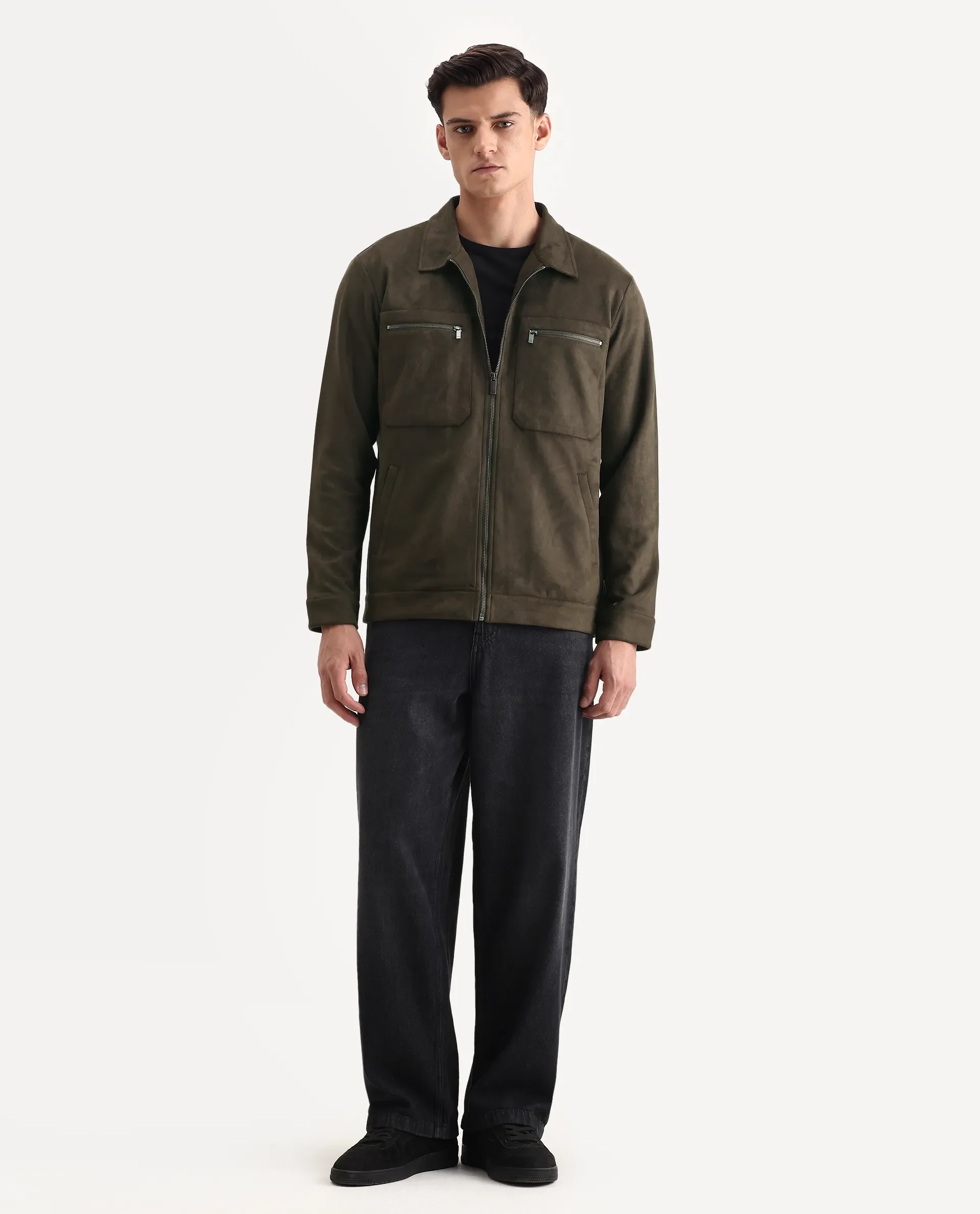 Rare Rabbit Men's Bax-25 Dark Olive Polyester Blend Plain Relaxed Fit Full Sleeve Spread Collar Jacket - Image 2