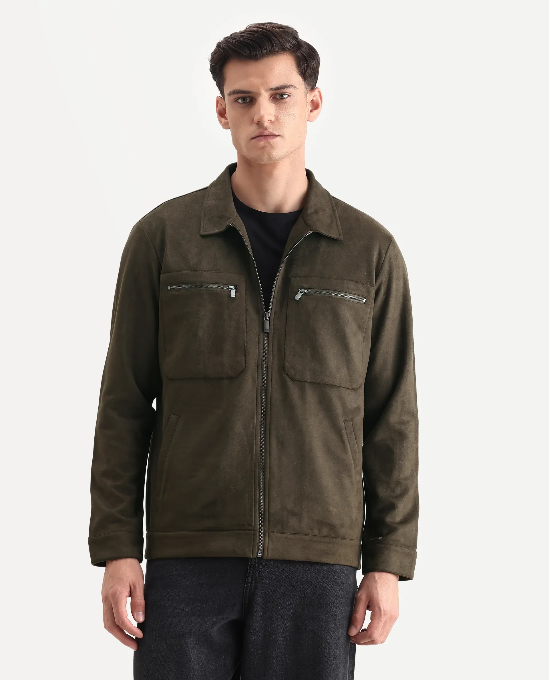 Rare Rabbit Men's Bax-25 Dark Olive Polyester Blend Plain Relaxed Fit Full Sleeve Spread Collar Jacket - Image 4
