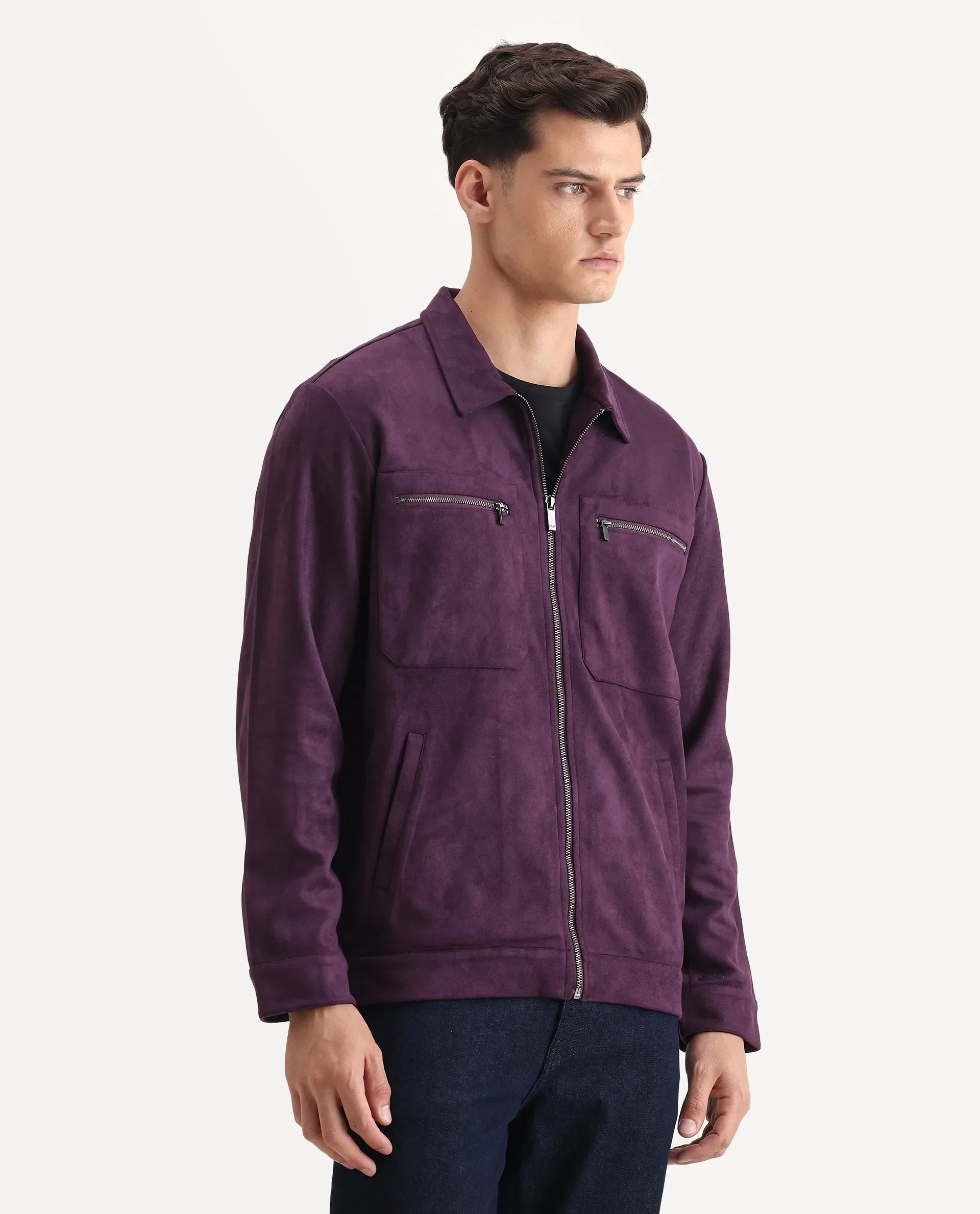 Rare Rabbit Men's Bax-25 Purple Polyester Blend Plain Relaxed Fit Full Sleeve Spread Collar Jacket - Image 6