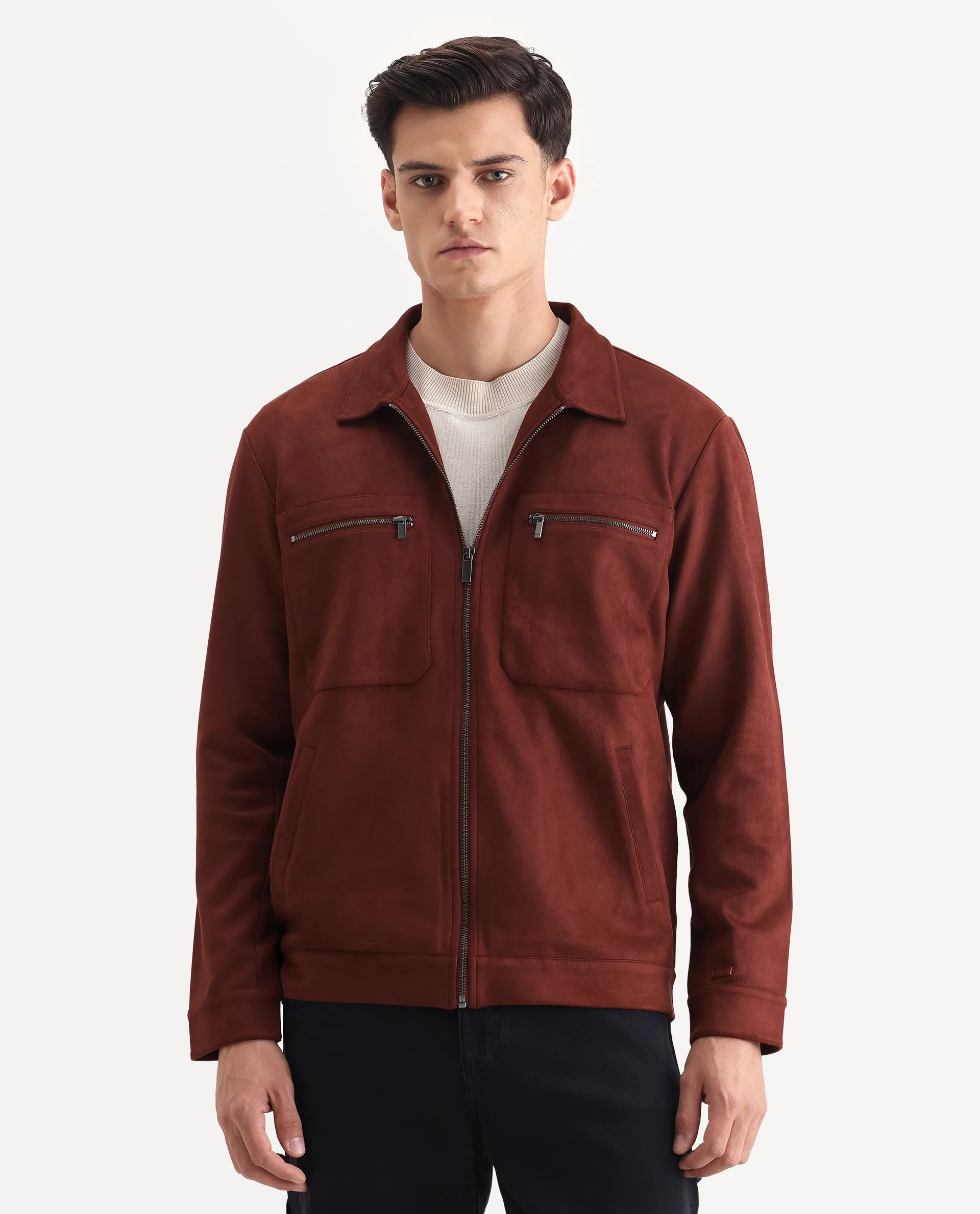 Rare Rabbit Men's Bax-25 Rust Polyester Blend Plain Relaxed Fit Full Sleeve Spread Collar Jacket - Image 4