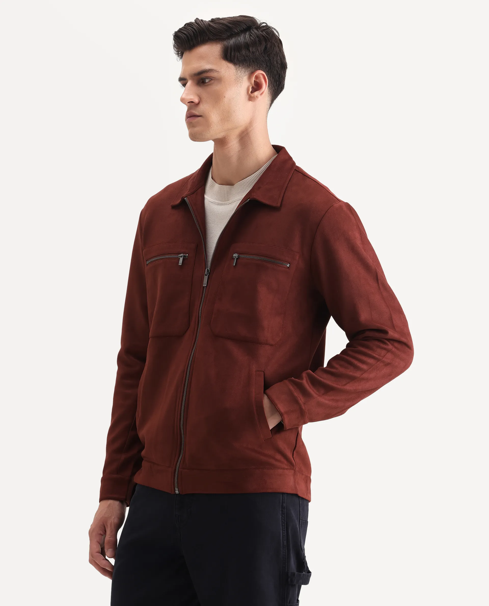Rare Rabbit Men's Bax-25 Rust Polyester Blend Plain Relaxed Fit Full Sleeve Spread Collar Jacket - Image 5