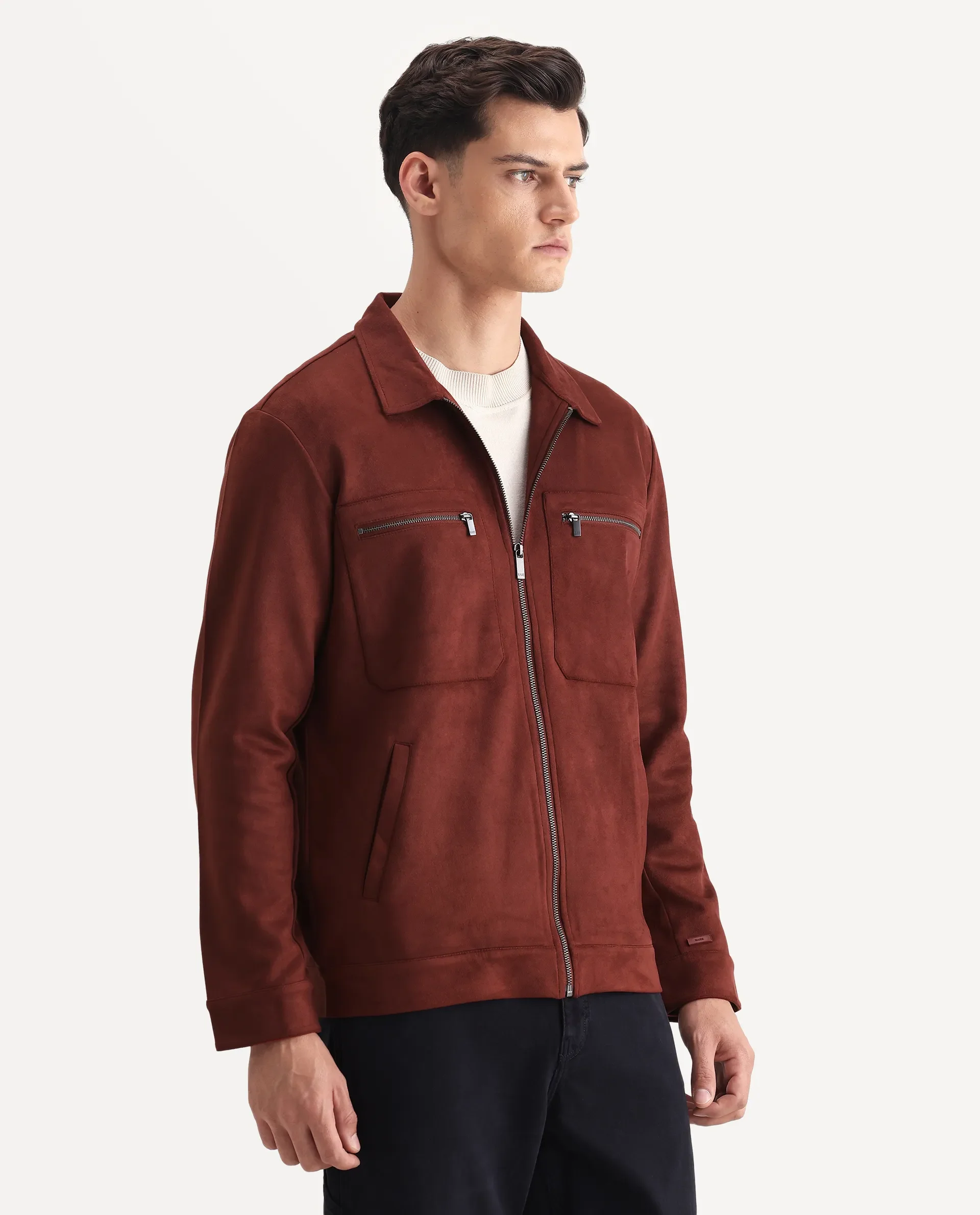 Rare Rabbit Men's Bax-25 Rust Polyester Blend Plain Relaxed Fit Full Sleeve Spread Collar Jacket - Image 6
