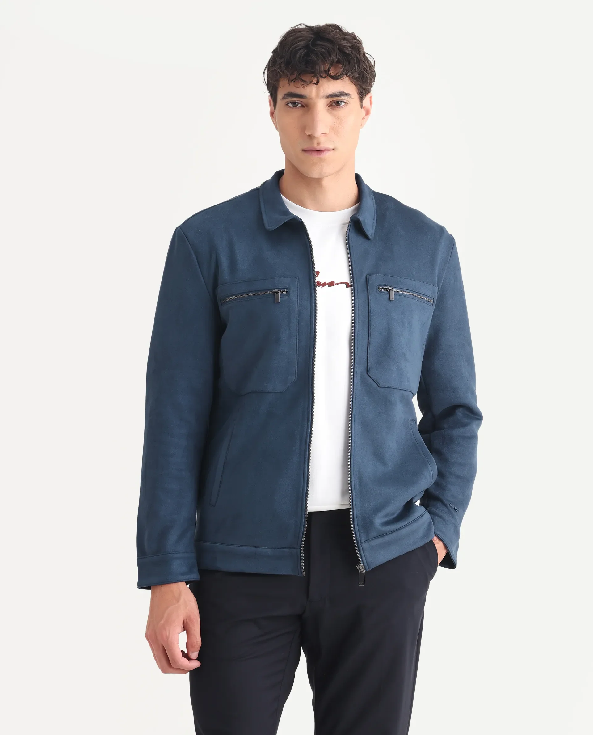 Rare Rabbit Men's Bax-3 Dark Blue Polyester Plain Relaxed Fit Full Sleeve Spread Collar Jacket - Image 3