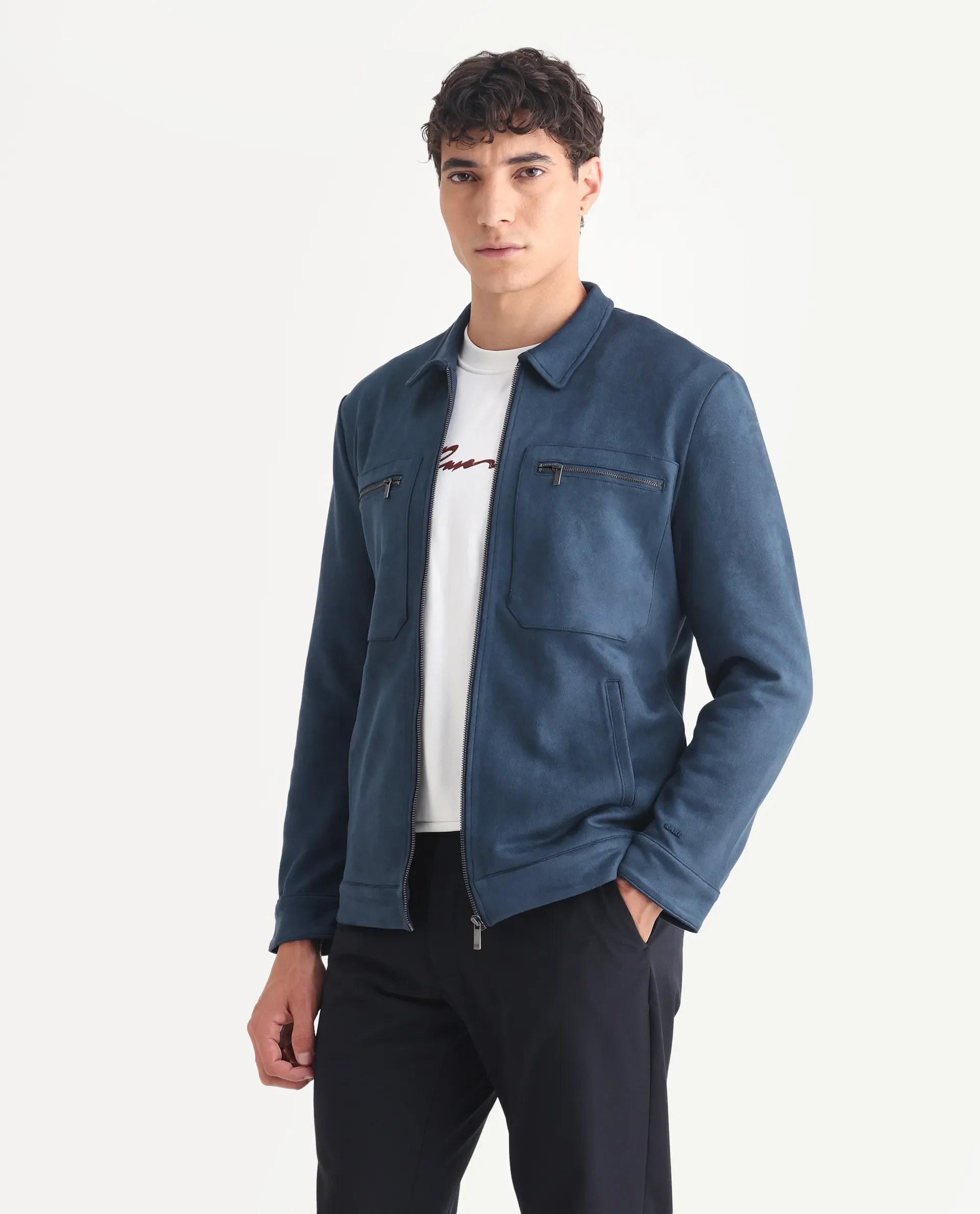 Rare Rabbit Men's Bax-3 Dark Blue Polyester Plain Relaxed Fit Full Sleeve Spread Collar Jacket - Image 5