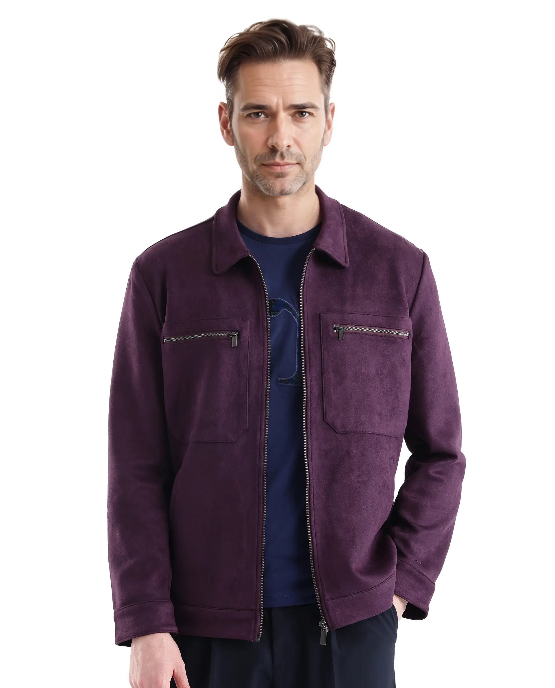 Rare Rabbit Men's Bax-3 Dark Purple Polyester Plain Relaxed Fit Full Sleeve Spread Collar Jacket - Image 2