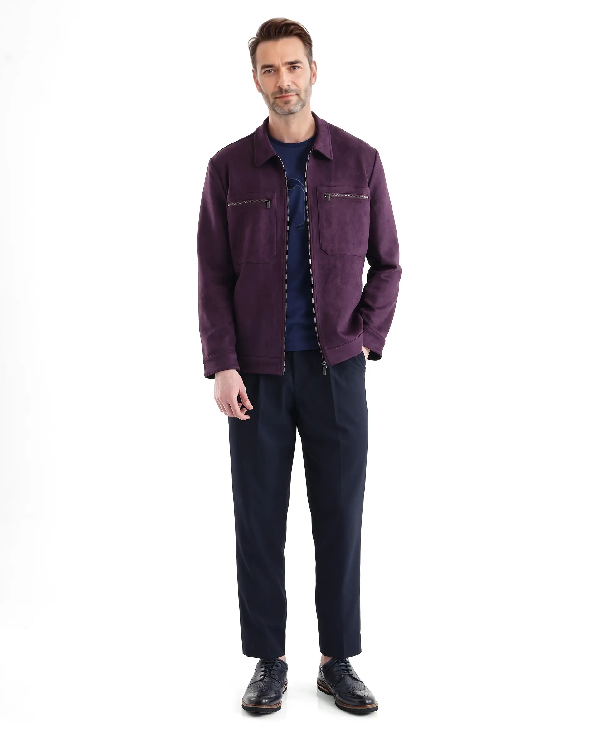 Rare Rabbit Men's Bax-3 Dark Purple Polyester Plain Relaxed Fit Full Sleeve Spread Collar Jacket - Image 3