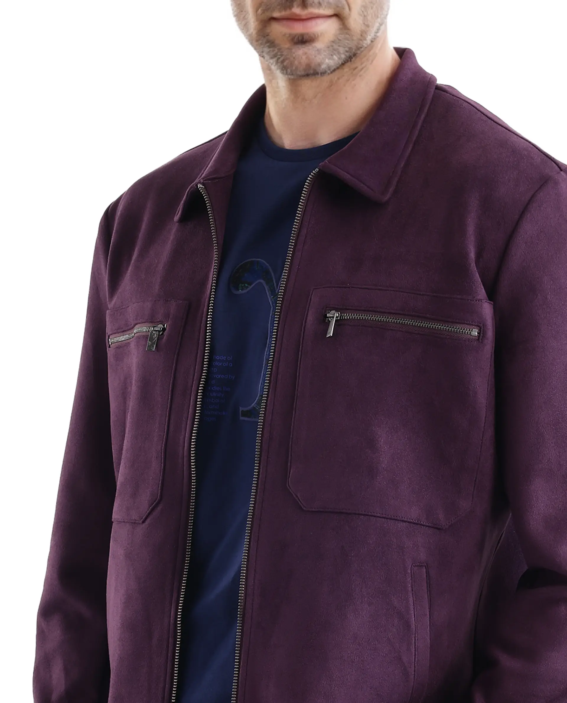 Rare Rabbit Men's Bax-3 Dark Purple Polyester Plain Relaxed Fit Full Sleeve Spread Collar Jacket - Image 4