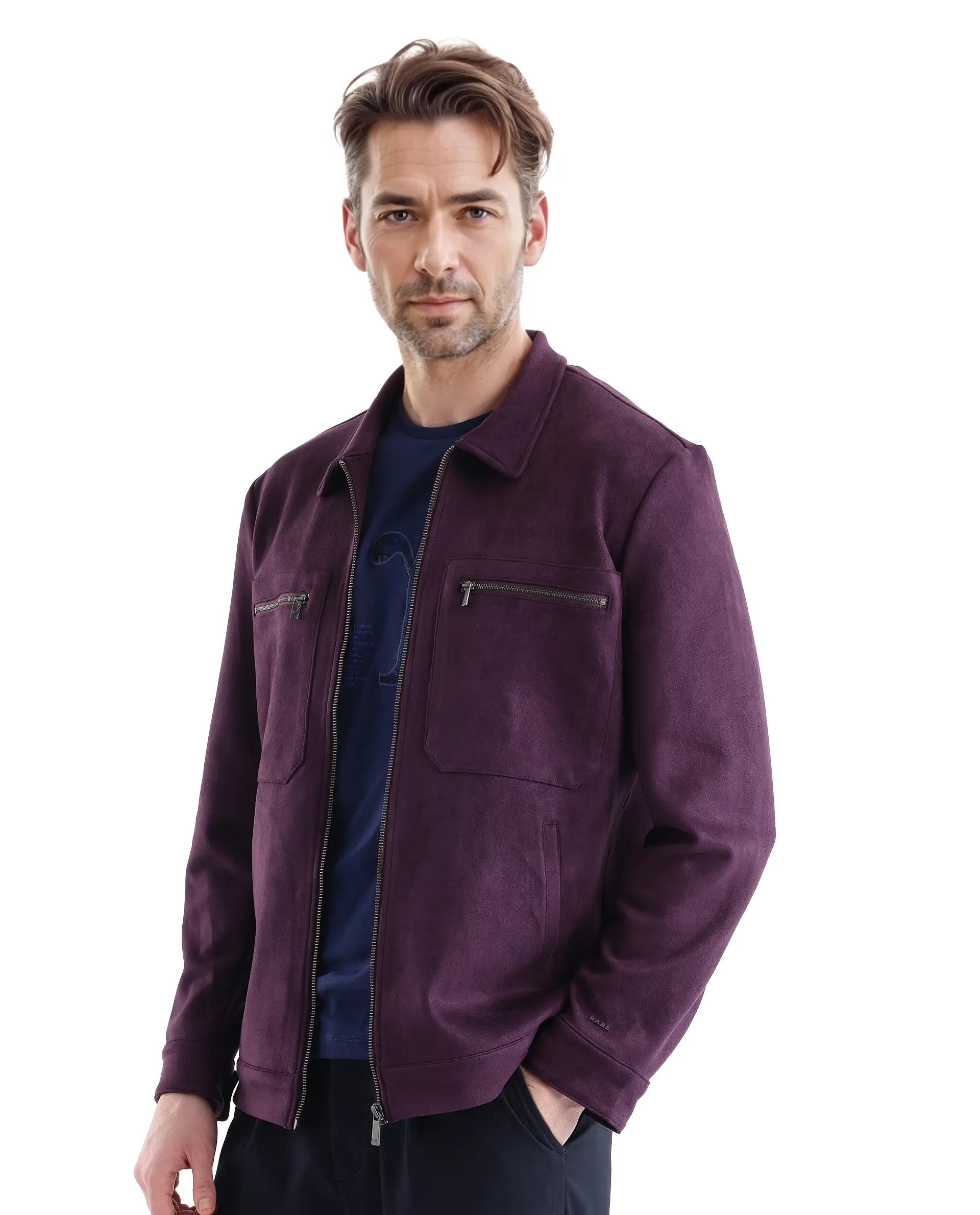 Rare Rabbit Men's Bax-3 Dark Purple Polyester Plain Relaxed Fit Full Sleeve Spread Collar Jacket - Image 6