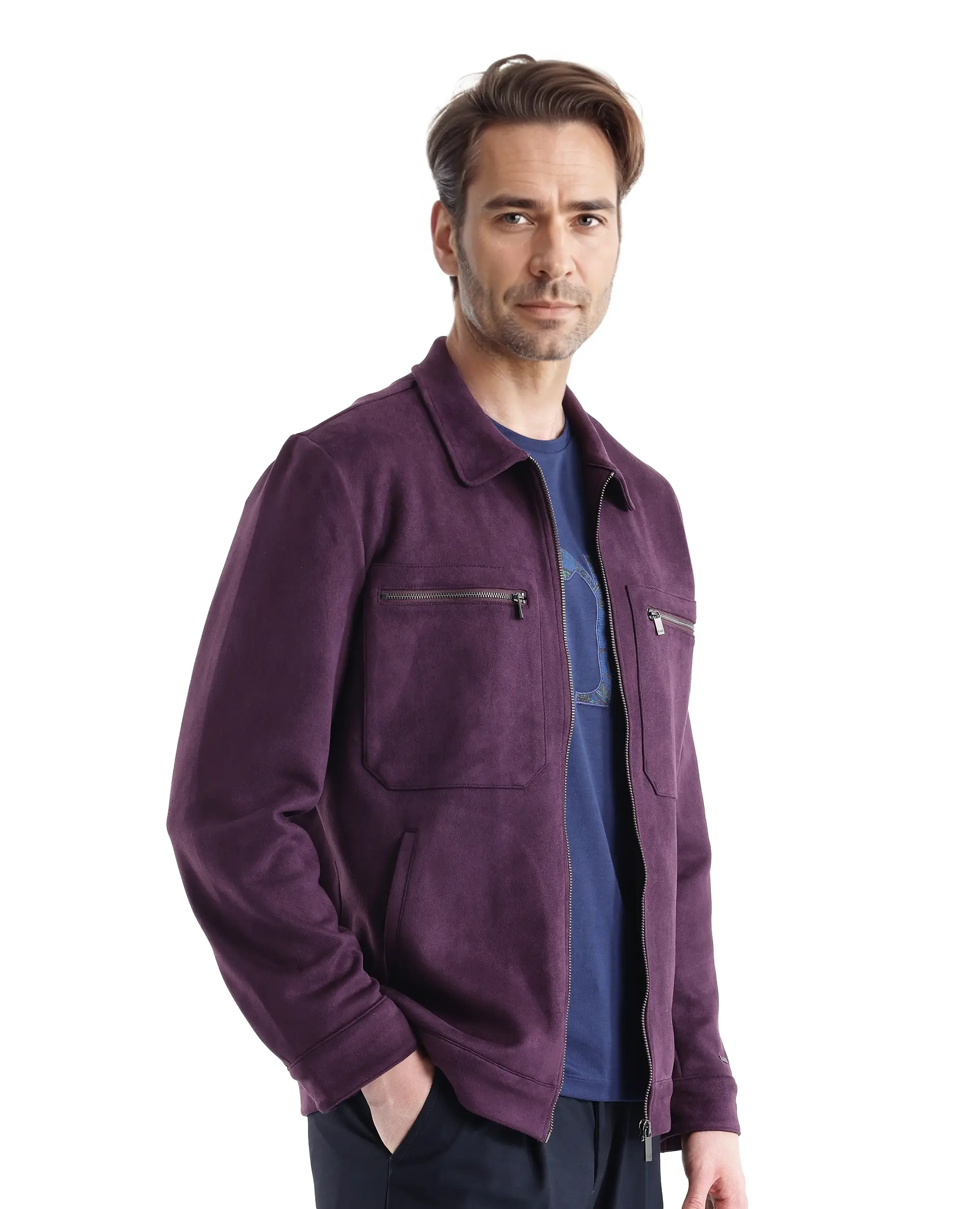 Rare Rabbit Men's Bax-3 Dark Purple Polyester Plain Relaxed Fit Full Sleeve Spread Collar Jacket - Image 7