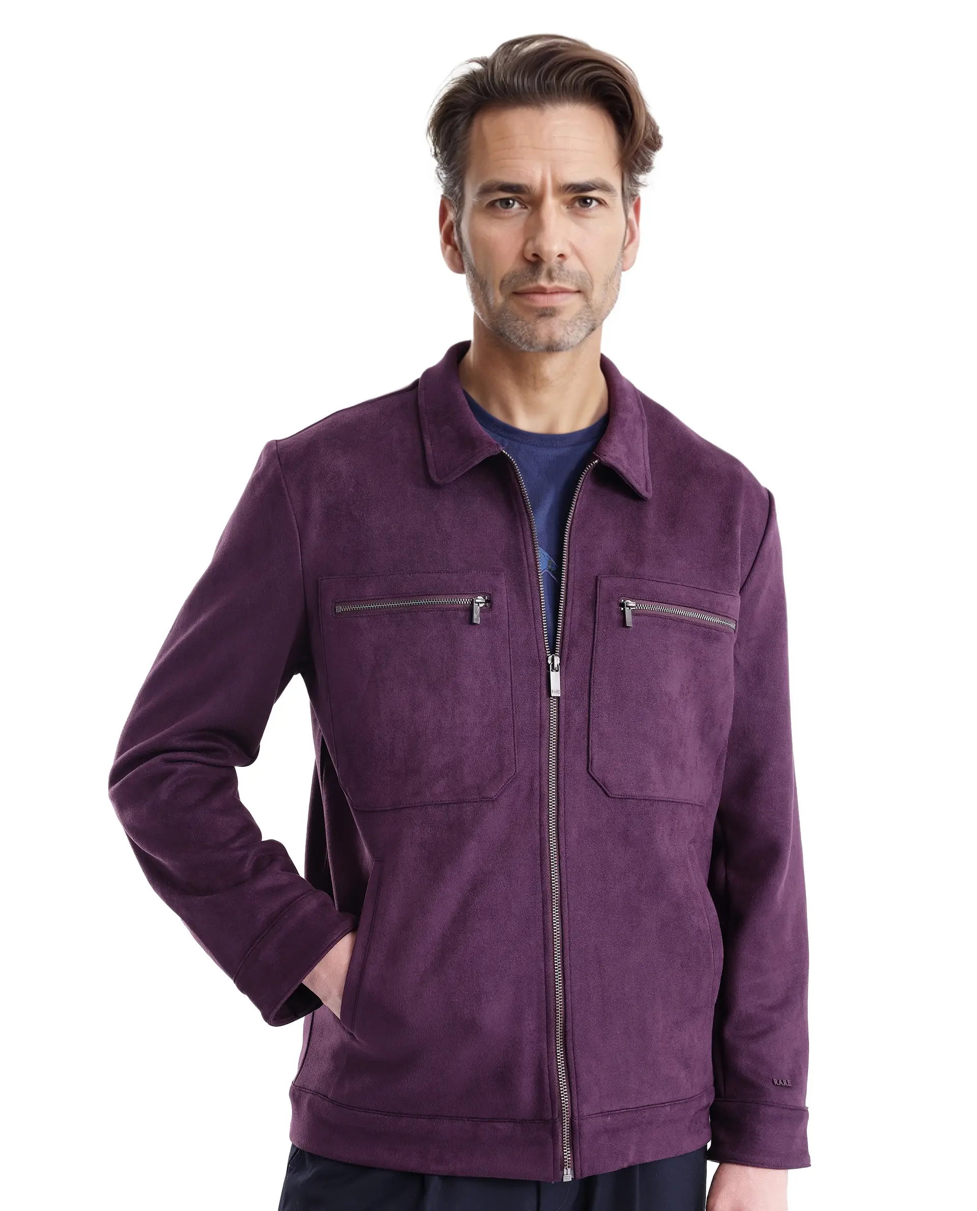 Rare Rabbit Men's Bax-3 Dark Purple Polyester Plain Relaxed Fit Full Sleeve Spread Collar Jacket - Image 9