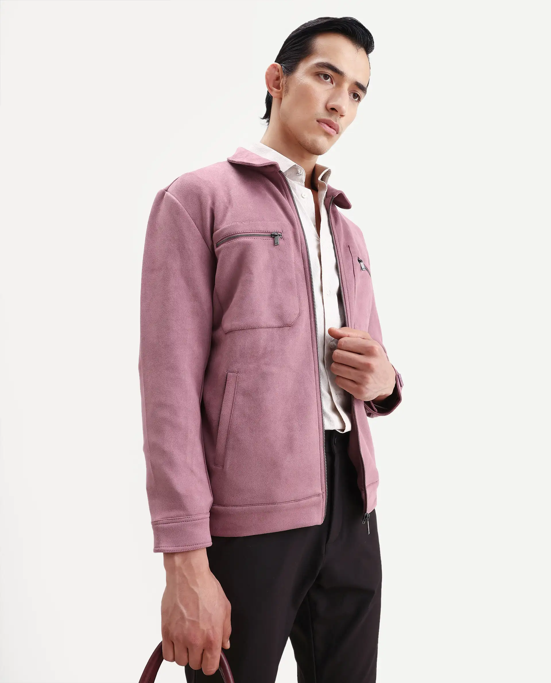 Rare Rabbit Men's Bax Dusky Pink Suede Plain Regular Fit Full Sleeve Spread Collar Jacket