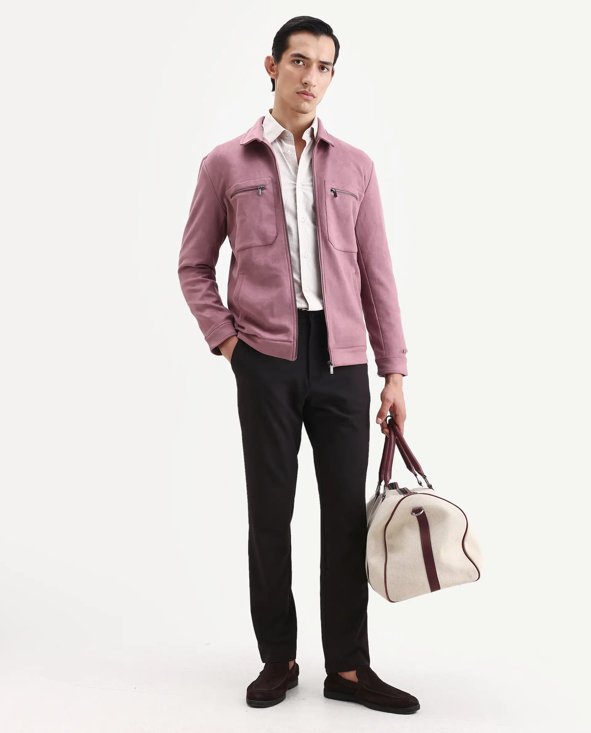 Rare Rabbit Men's Bax Dusky Pink Suede Plain Regular Fit Full Sleeve Spread Collar Jacket - Image 2