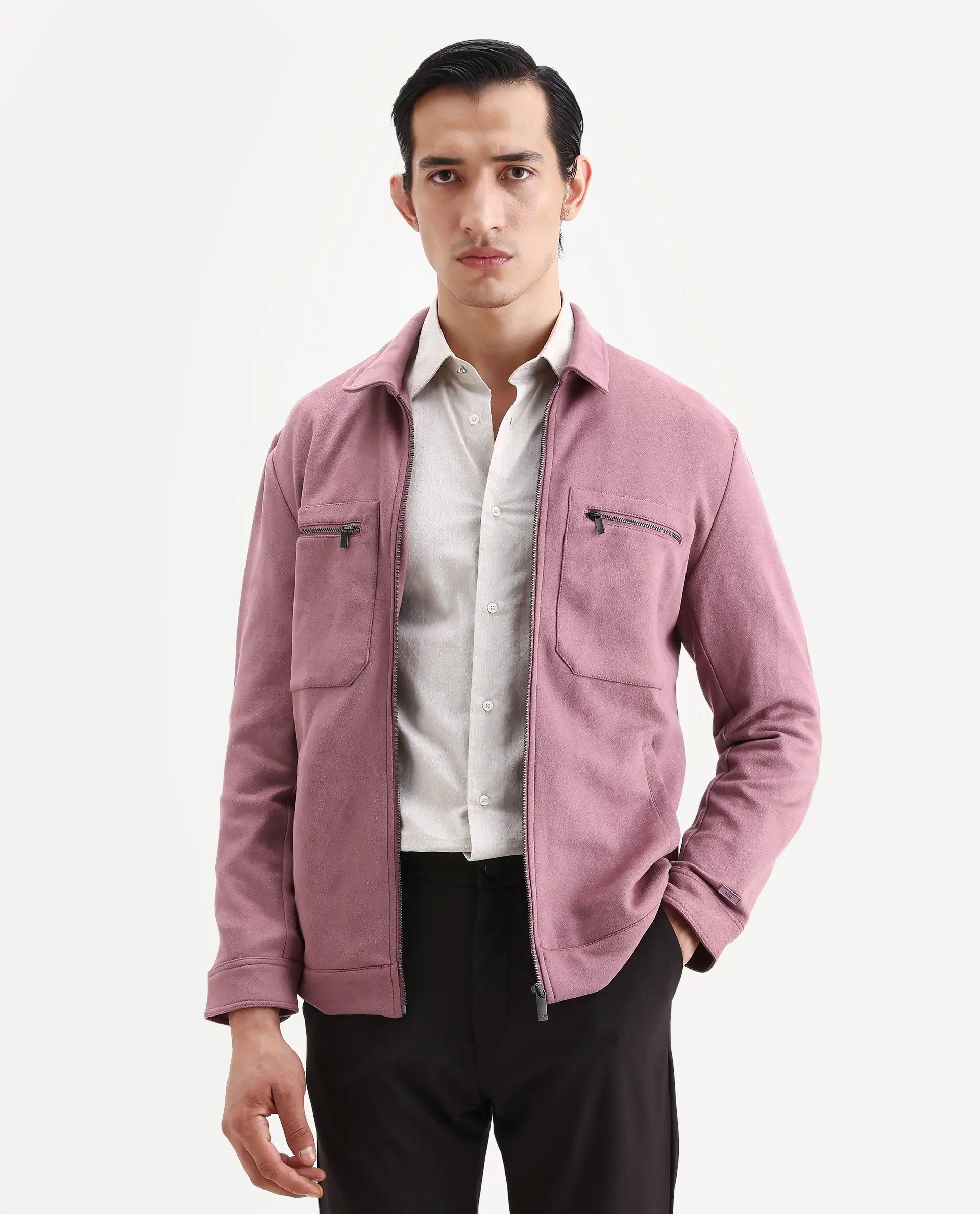 Rare Rabbit Men's Bax Dusky Pink Suede Plain Regular Fit Full Sleeve Spread Collar Jacket - Image 3