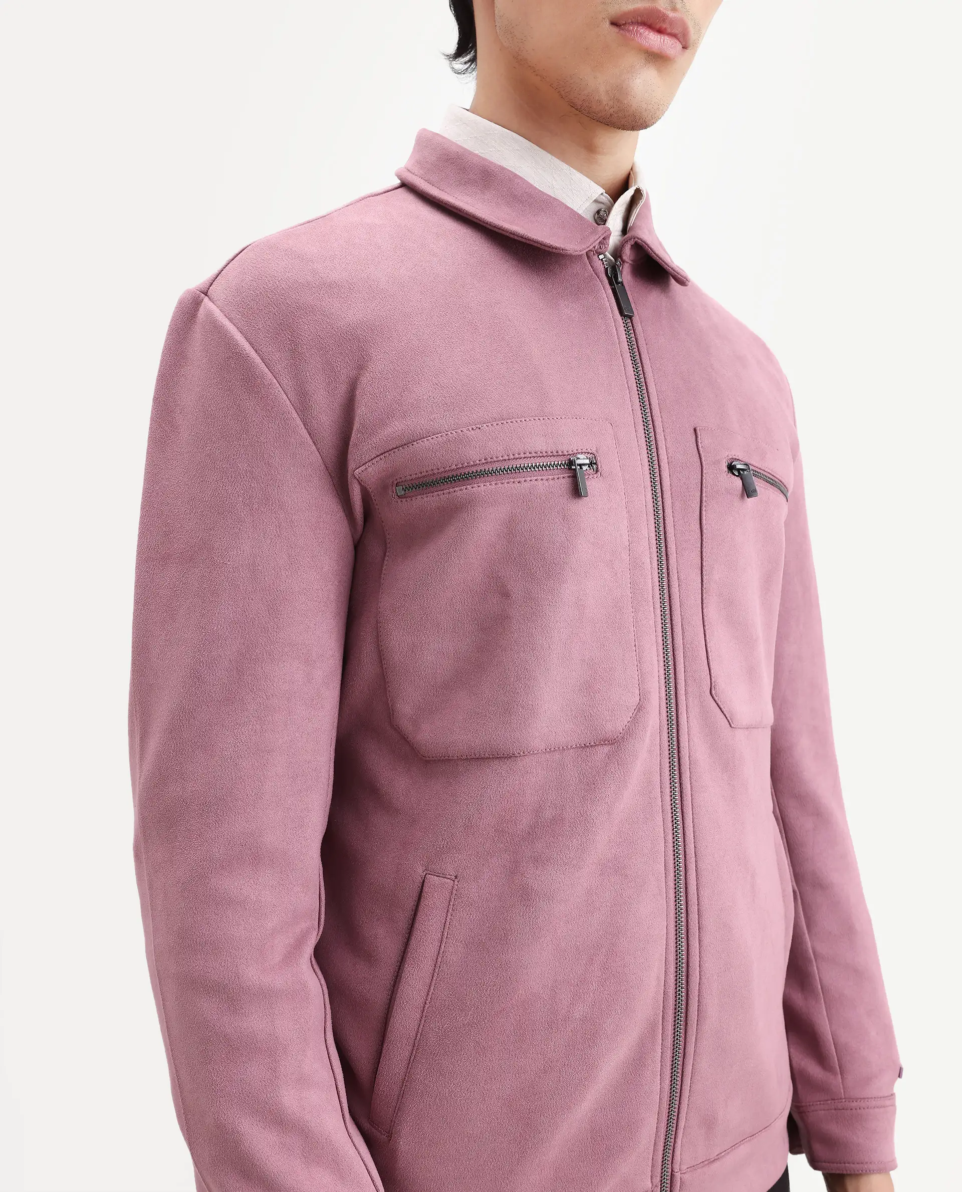 Rare Rabbit Men's Bax Dusky Pink Suede Plain Regular Fit Full Sleeve Spread Collar Jacket - Image 4